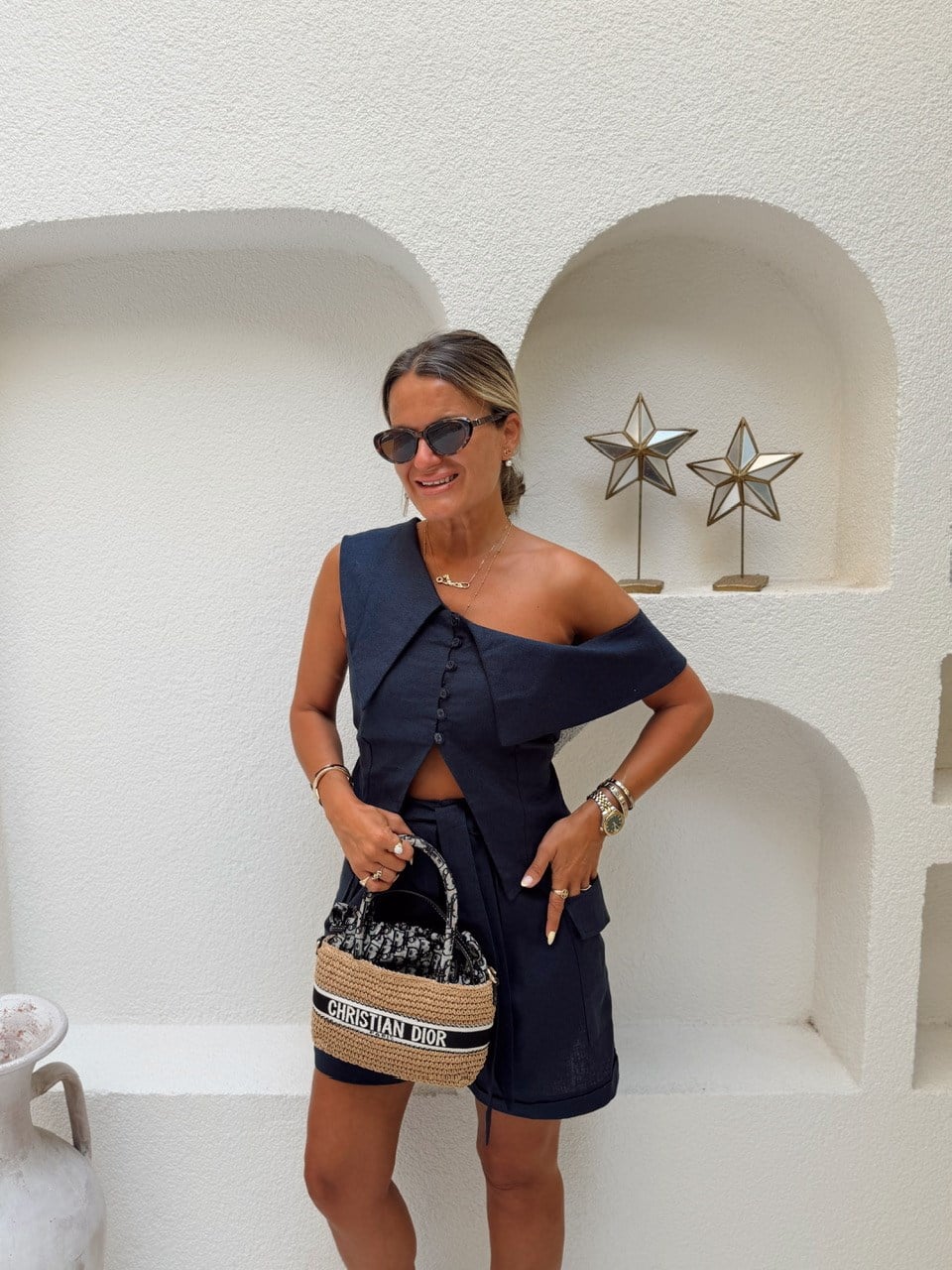 Nişantaşı Butik TASARIM BLUZ KUŞAKLI ŞORT KETEN TAKIM LACİVERT