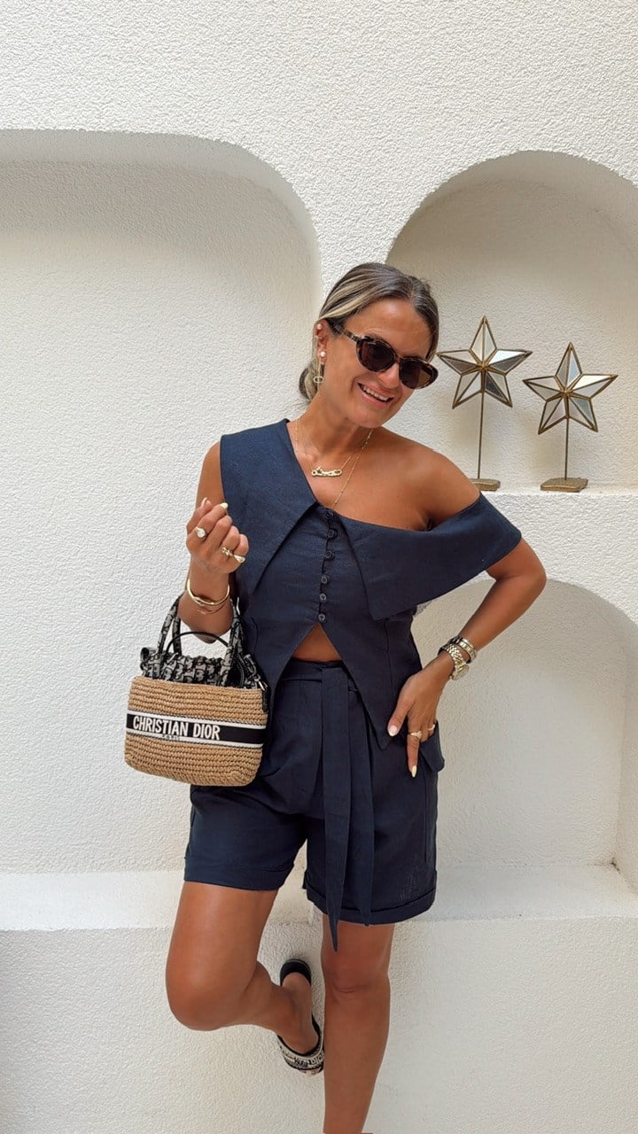 Nişantaşı Butik TASARIM BLUZ KUŞAKLI ŞORT KETEN TAKIM LACİVERT