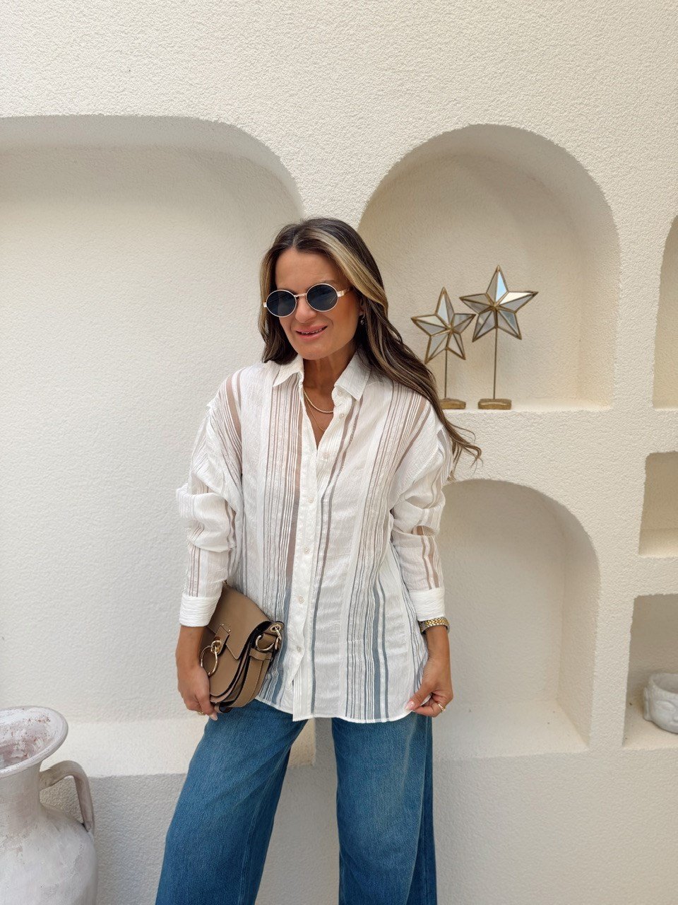 Nişantaşı Butik TRANSPARAN ŞERİTLİ BEYAZ GÖMLEK