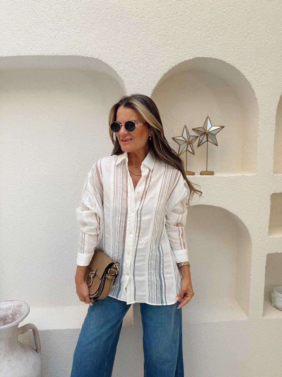 Nişantaşı Butik TRANSPARAN ŞERİTLİ BEYAZ GÖMLEK