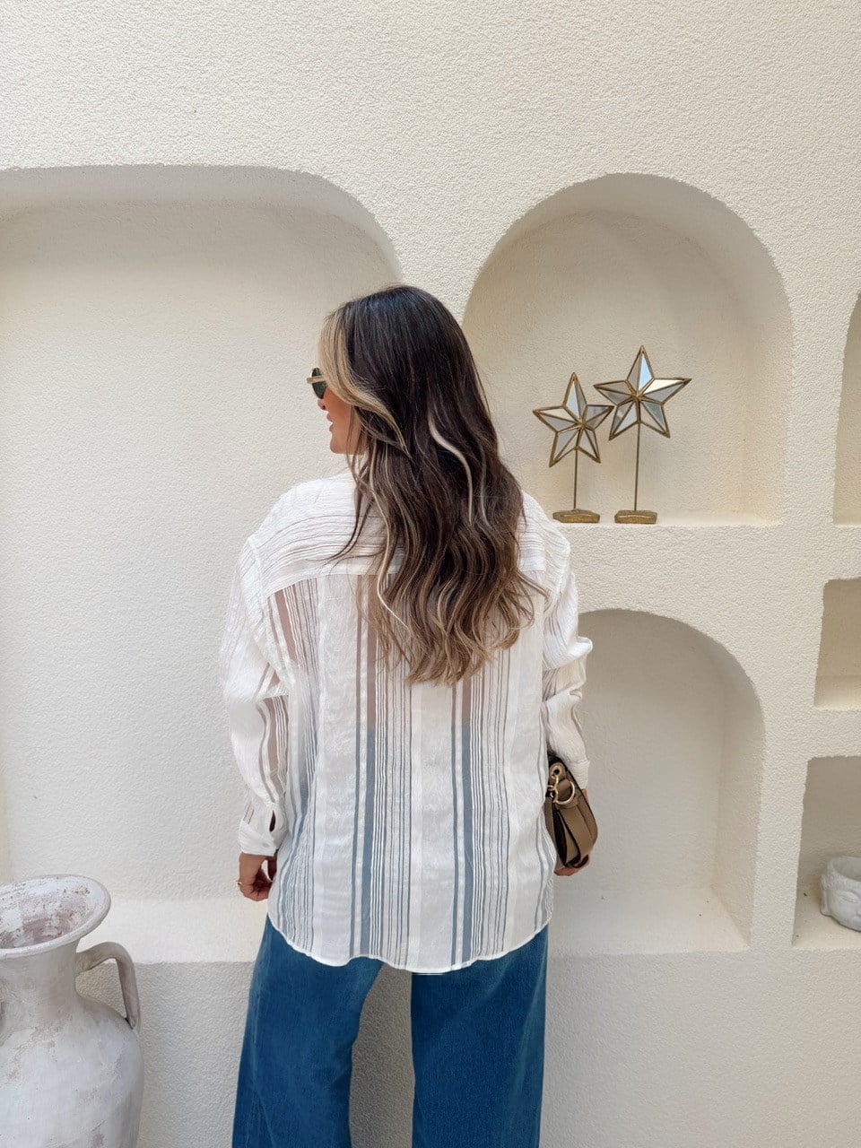Nişantaşı Butik TRANSPARAN ŞERİTLİ BEYAZ GÖMLEK