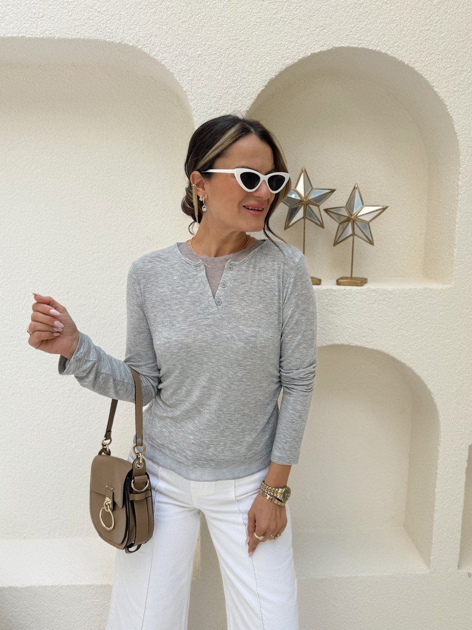 Nişantaşı Butik TÜL DETAYLI BASİC BLUZ GRİ 