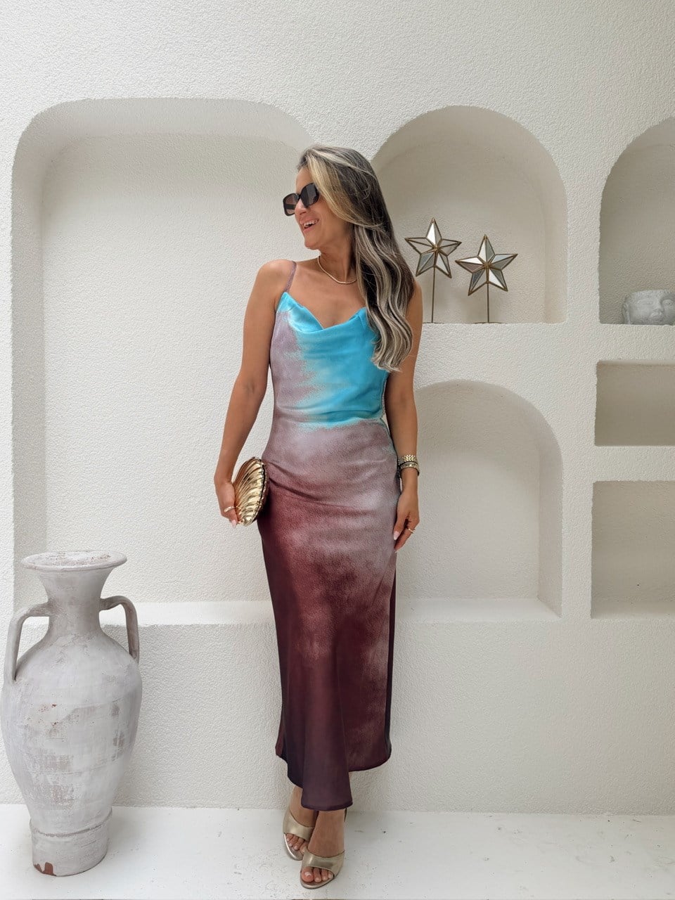 Nişantaşı Butik TURKUAZ KAHVE DESENLİ DEGAJE SATEN  ELBİSE
