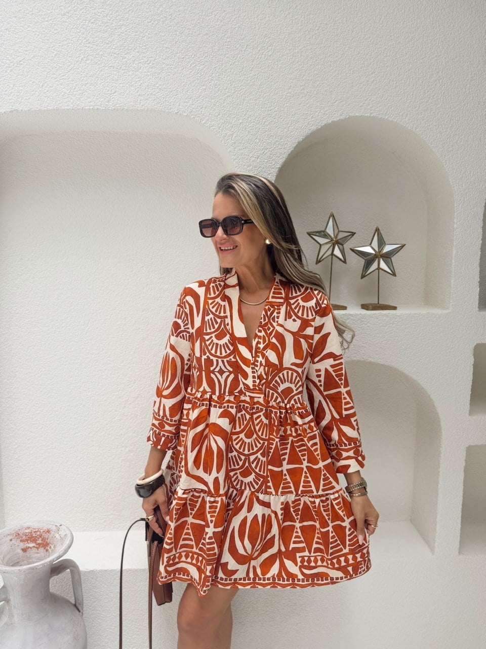 Nişantaşı Butik TURUNÇ BEJ DESENLİ TİRİL ELBİSE
