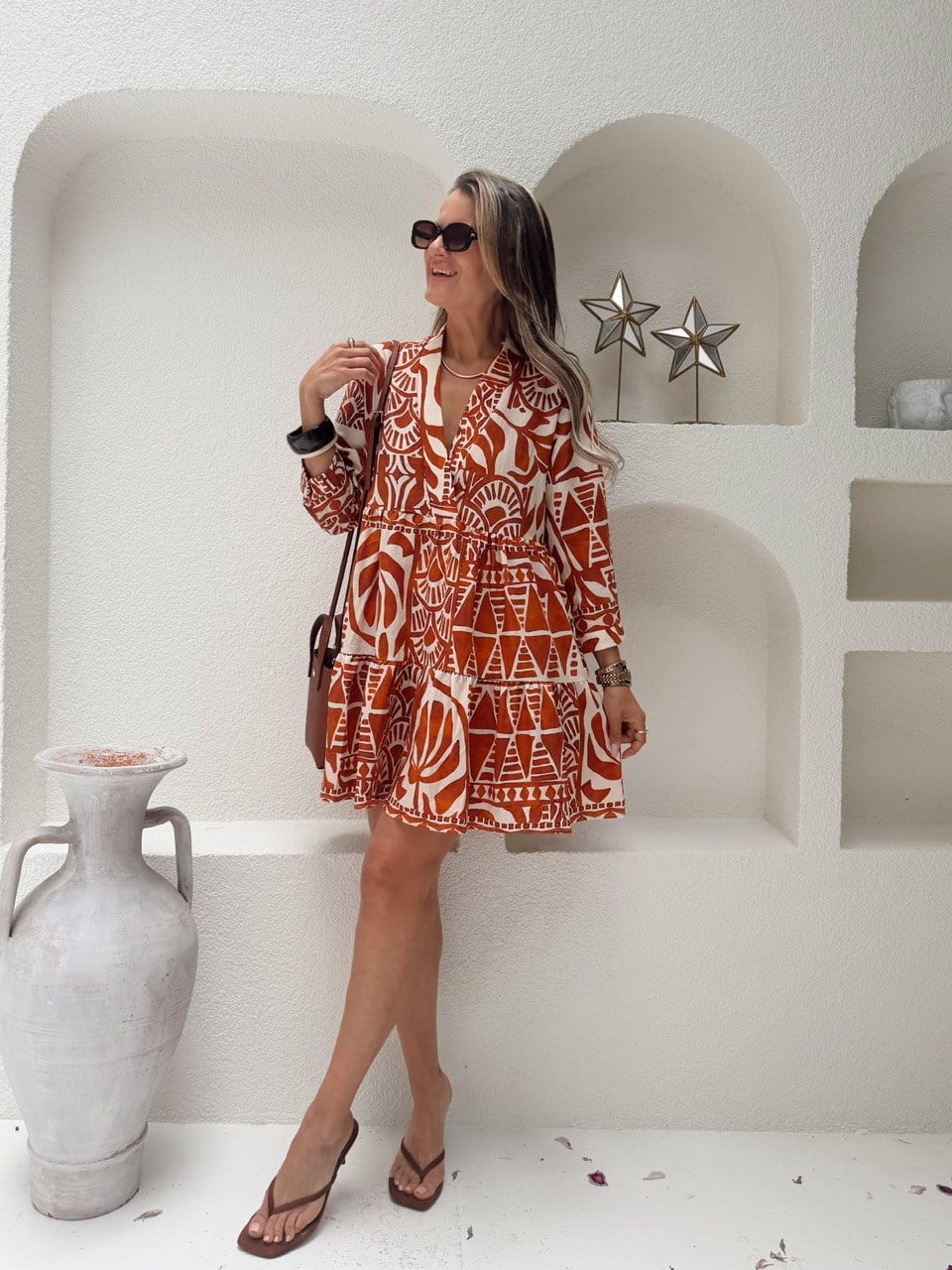 Nişantaşı Butik TURUNÇ BEJ DESENLİ TİRİL ELBİSE