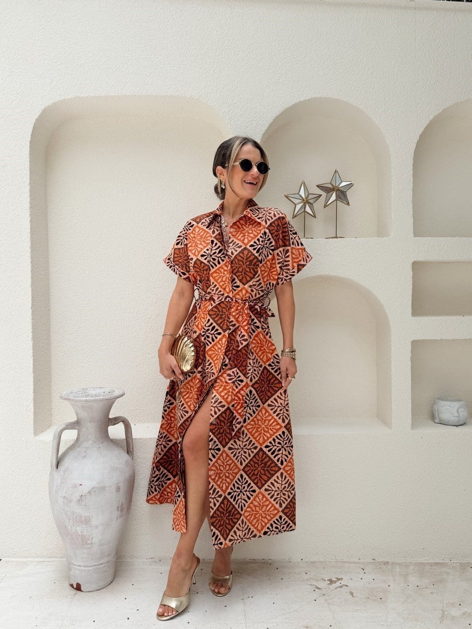 Nişantaşı Butik TURUNC RENK DESENLİ KUSAKLI ELBİSE