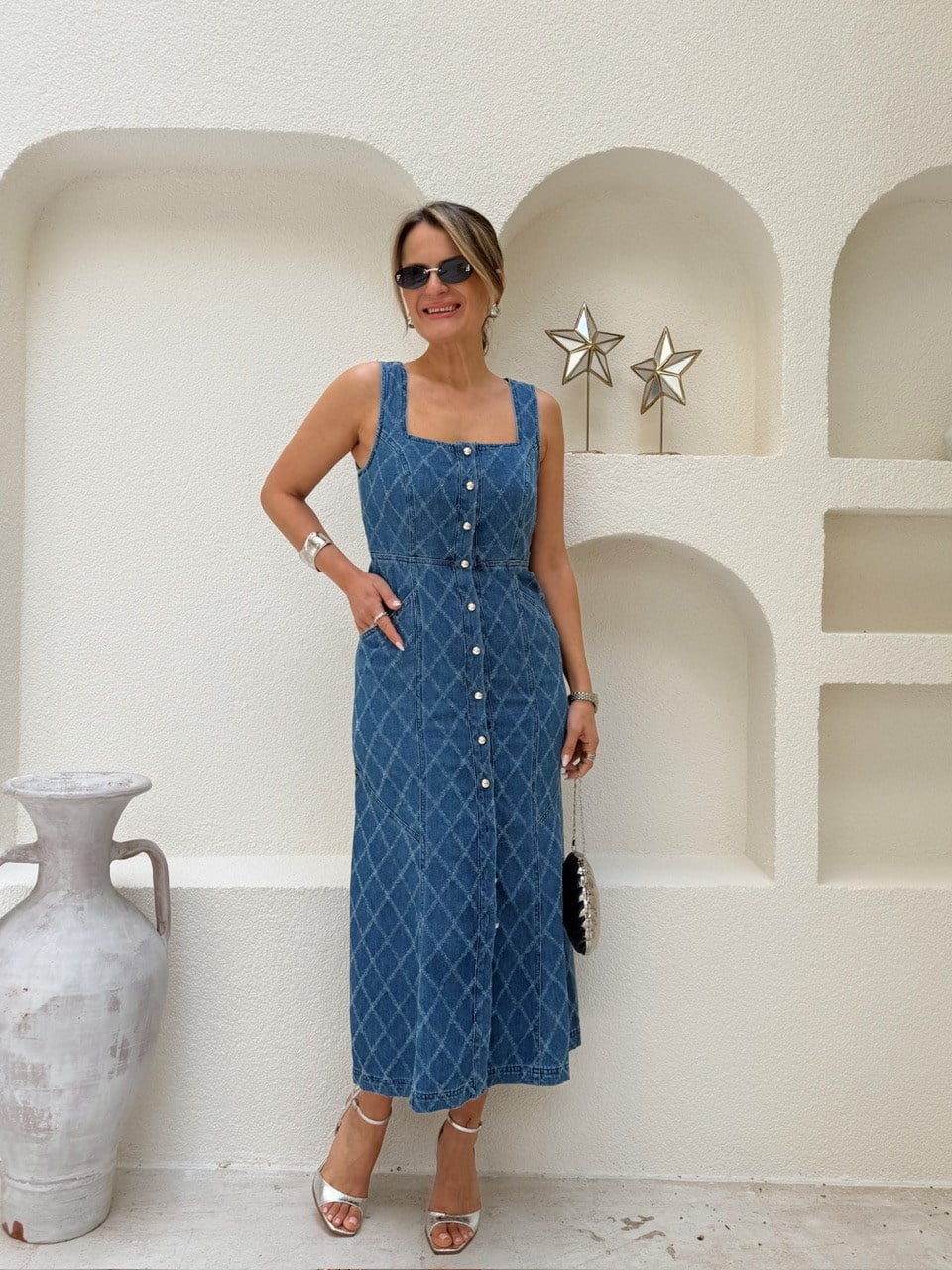 Nişantaşı Butik TUVİD DESEN DÜĞME DETAY DENİM ELBİSE