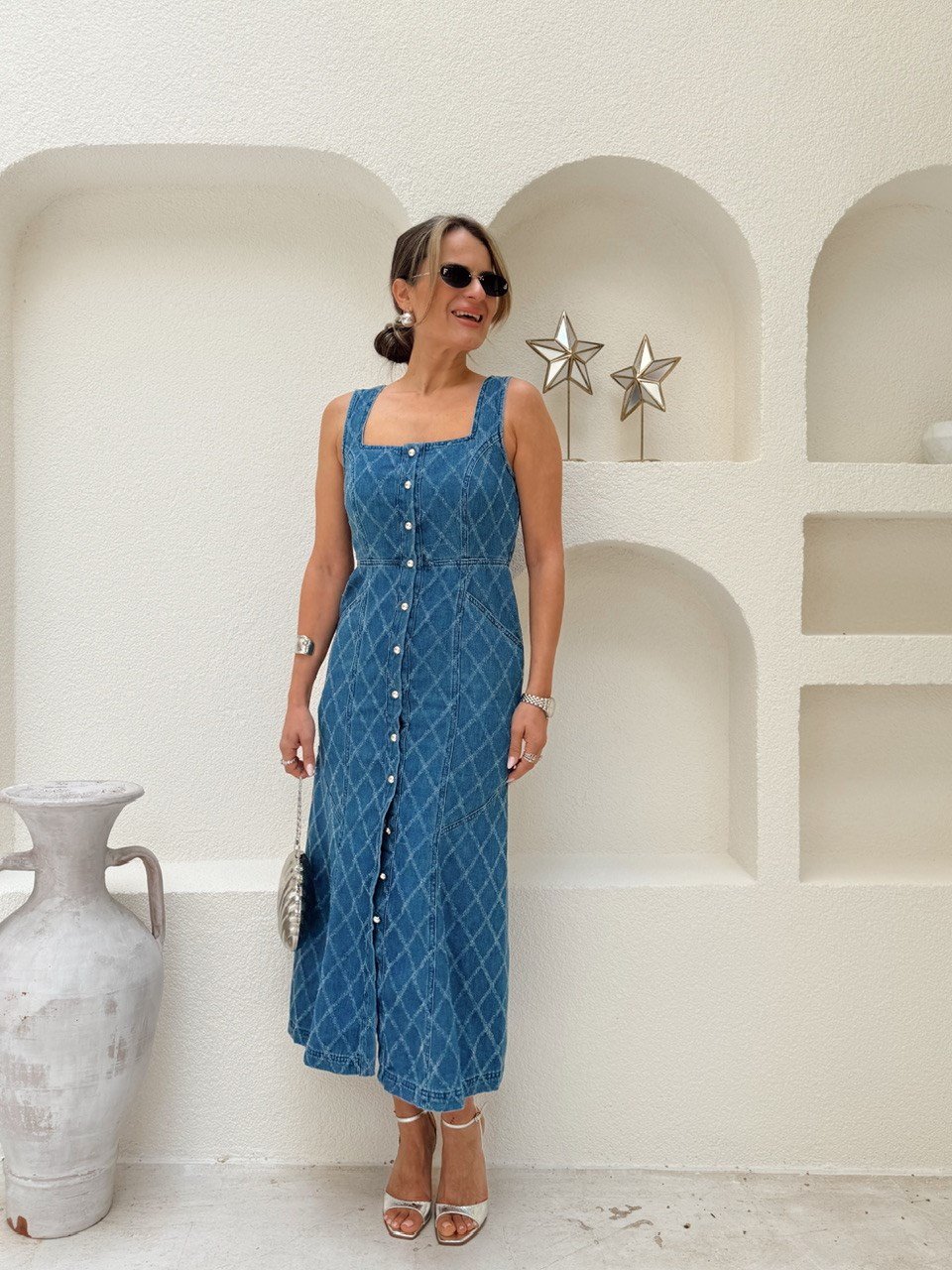 Nişantaşı Butik TUVİD DESEN DÜĞME DETAY DENİM ELBİSE