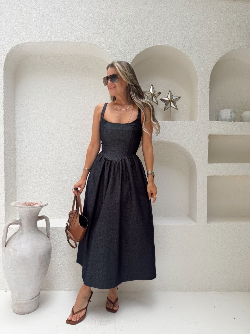 Nişantaşı Butik U YAKA BEL DETAY KONTRAST LİKRALI ELBİSE