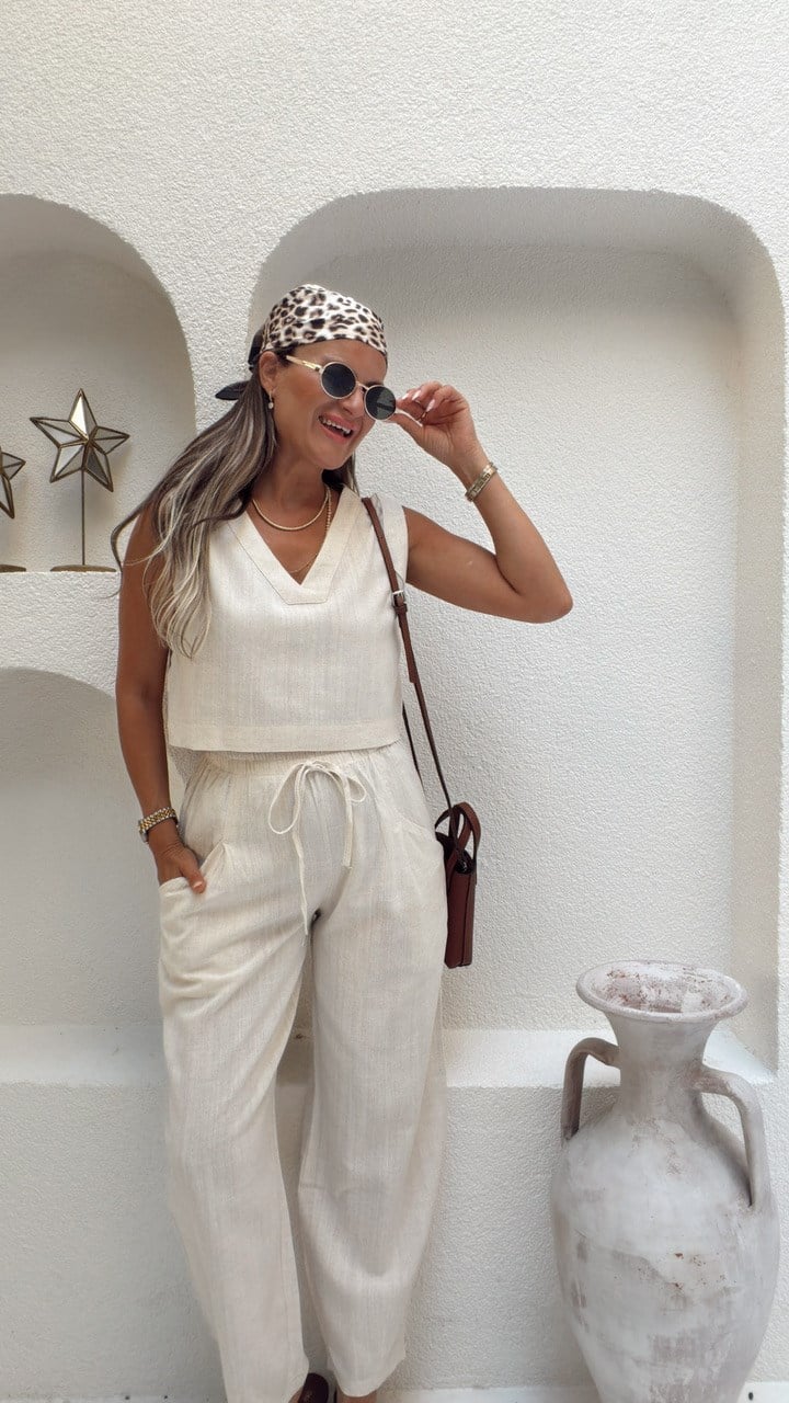 Nişantaşı Butik V YAKA BLUZ JOGGER PANTOLON KETEN TAKIM NATURAL
