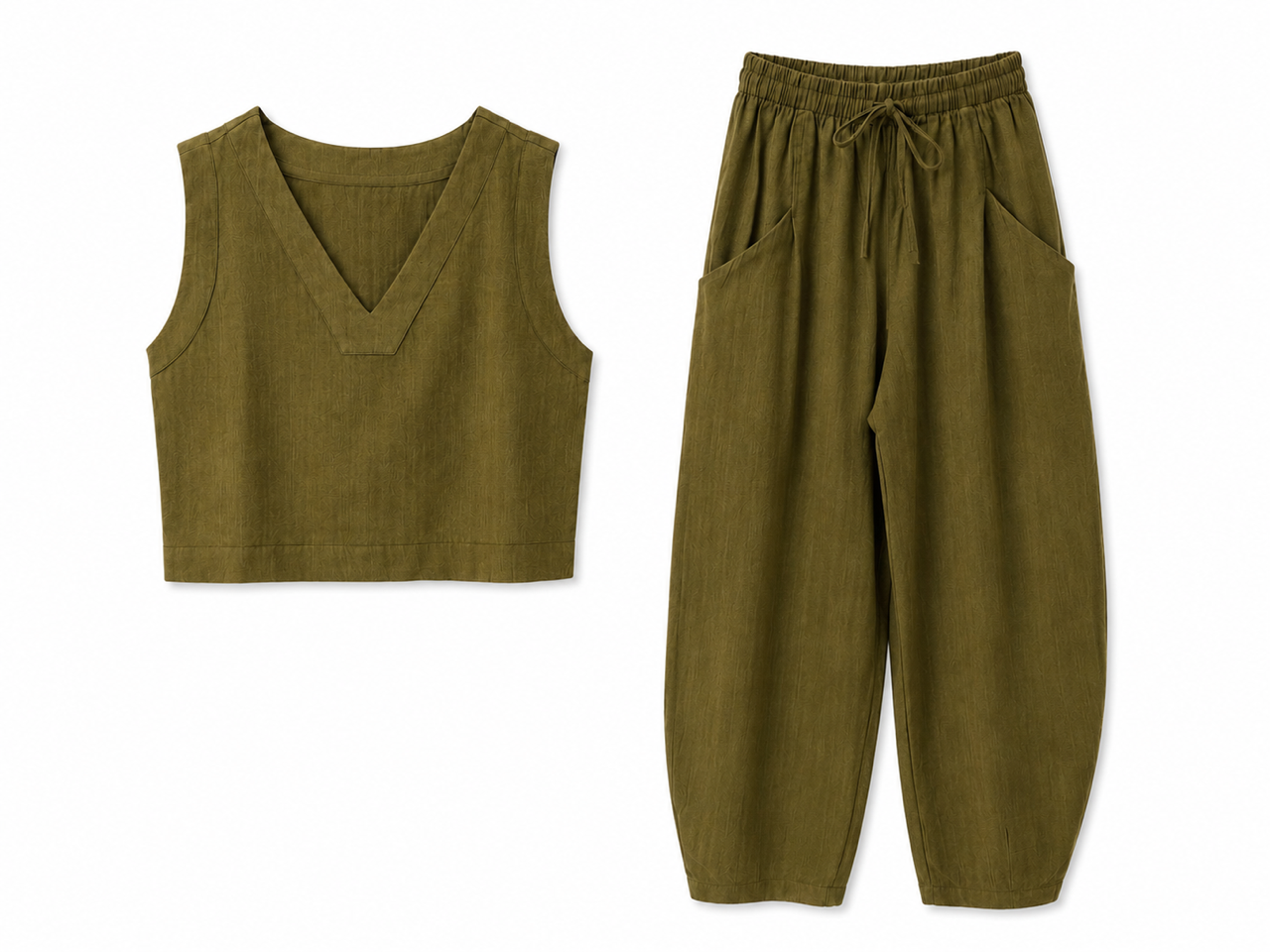 Nişantaşı Butik V YAKA BLUZ JOGGER PANTOLON KETEN TAKIM HAKİ YEŞİL