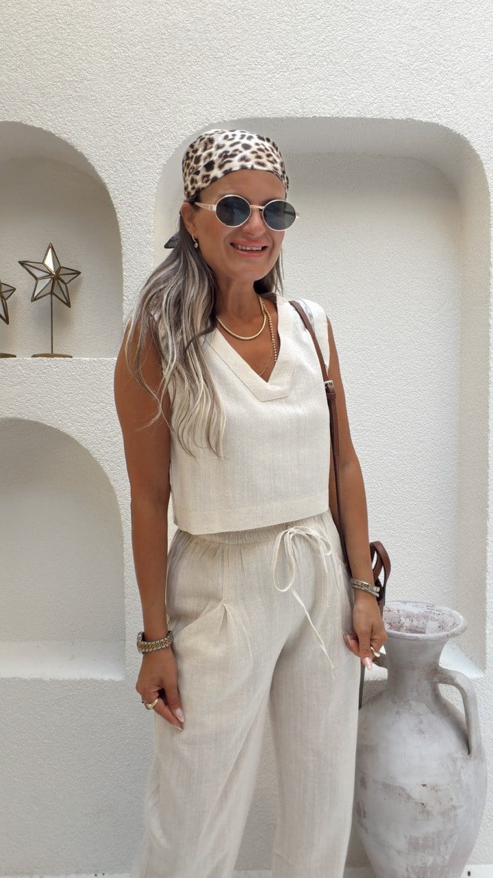 Nişantaşı Butik V YAKA BLUZ JOGGER PANTOLON KETEN TAKIM NATURAL