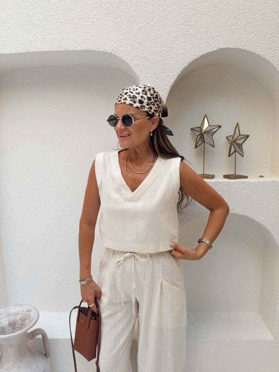 Nişantaşı Butik V YAKA BLUZ JOGGER PANTOLON KETEN TAKIM NATURAL