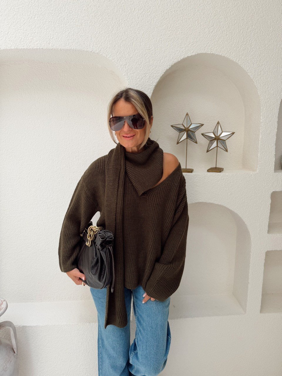 Nişantaşı Butik V YAKA ŞAL DETAY HAKİ KAZAK
