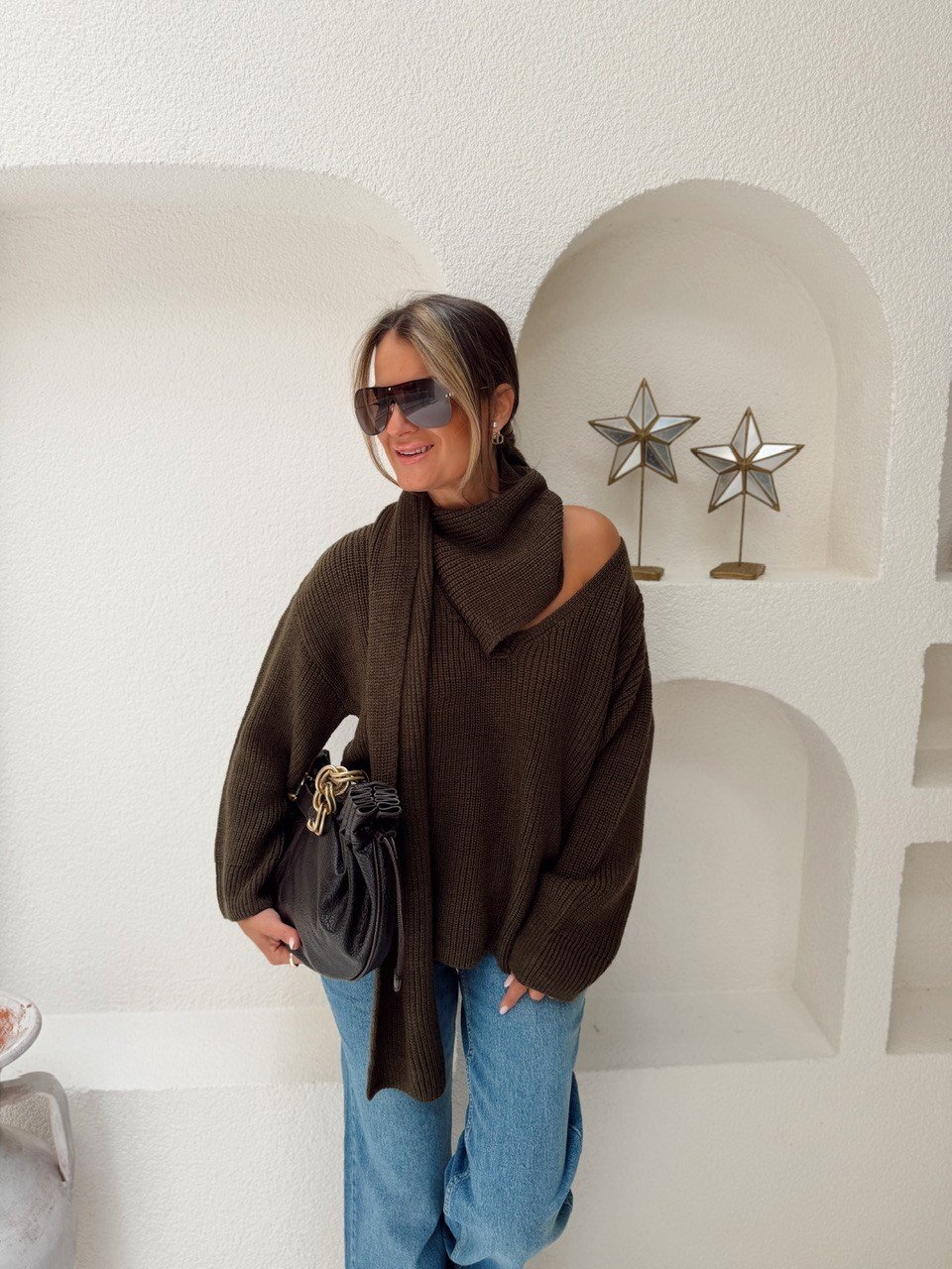 Nişantaşı Butik V YAKA ŞAL DETAY HAKİ KAZAK