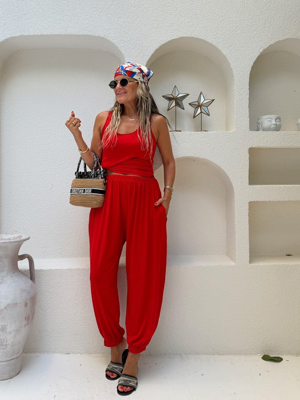 Nişantaşı Butik VİSKON MODAL BLUZ ŞALVAR PANTOLON TAKIM MERCAN KIRMIZI