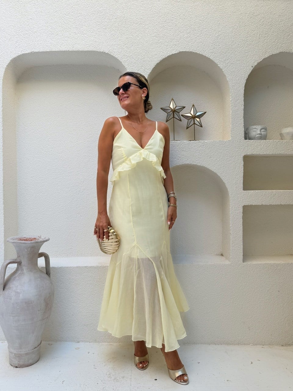 Nişantaşı Butik VOLAN DETAY SARI ELBİSE 