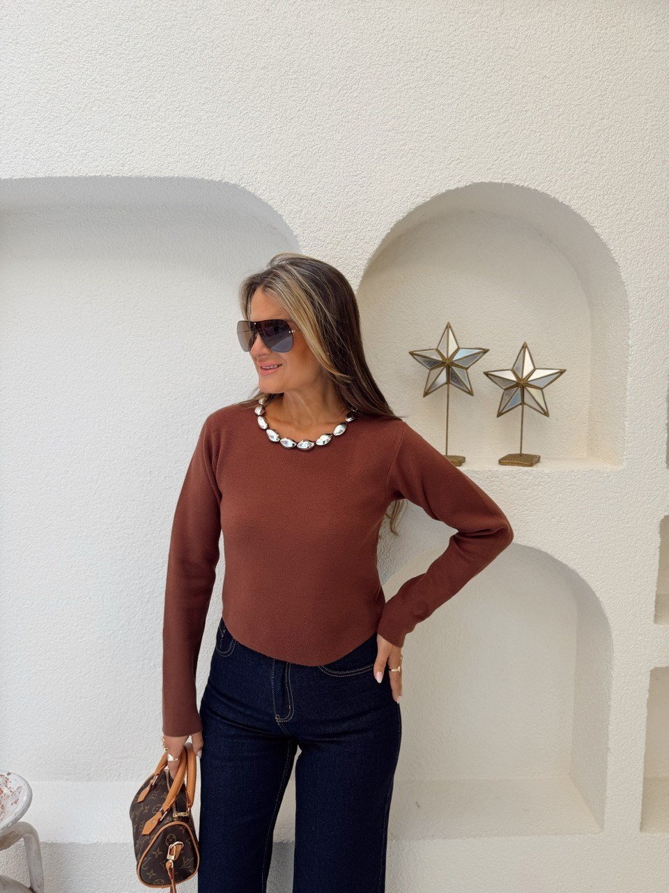 Nişantaşı Butik YAKA AKSESUAR DETAY ÇELİK ÖRME TRİKO BLUZ