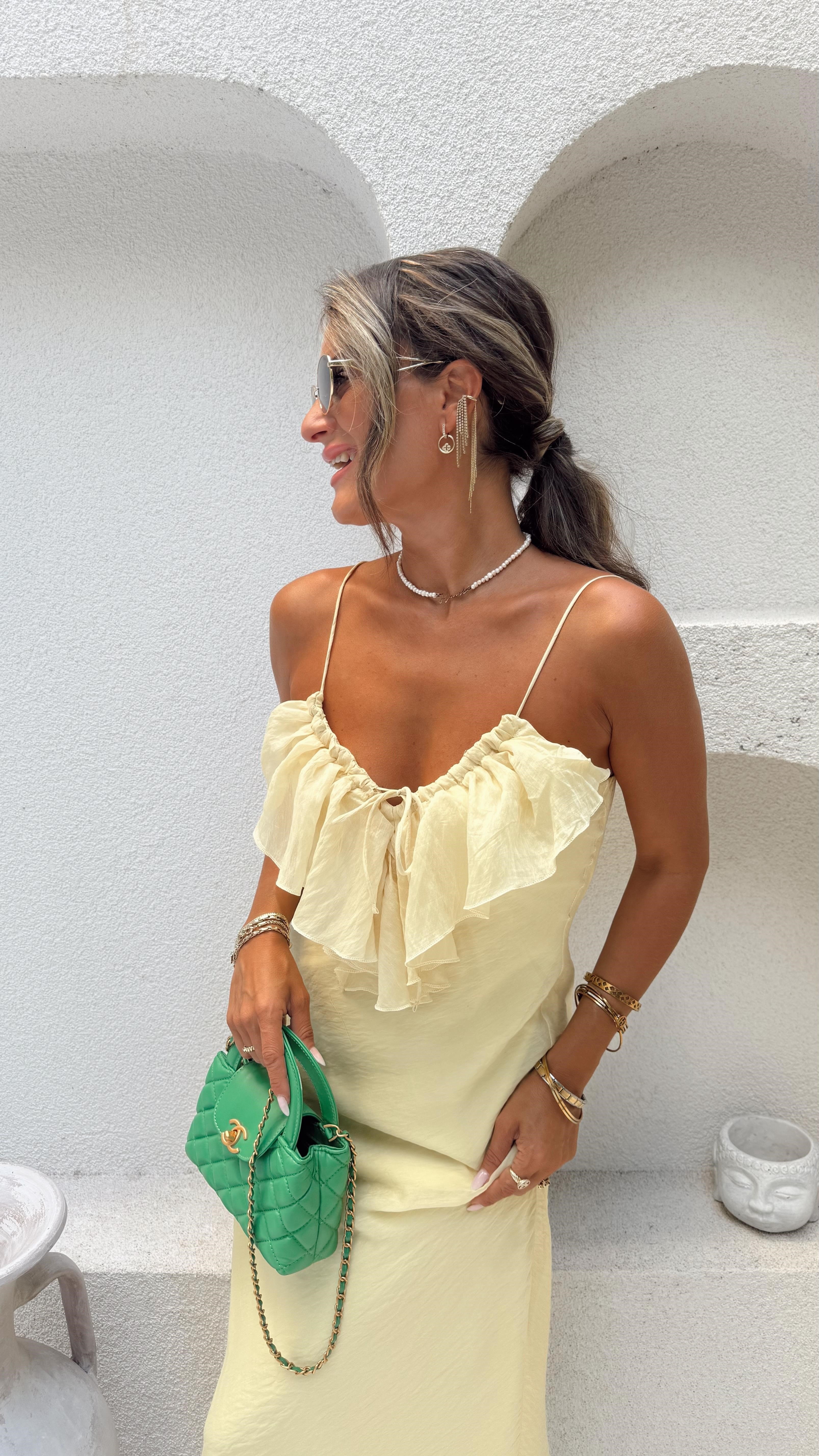 Nişantaşı Butik YAKA DETAY ASTARLI SARI ELBİSE