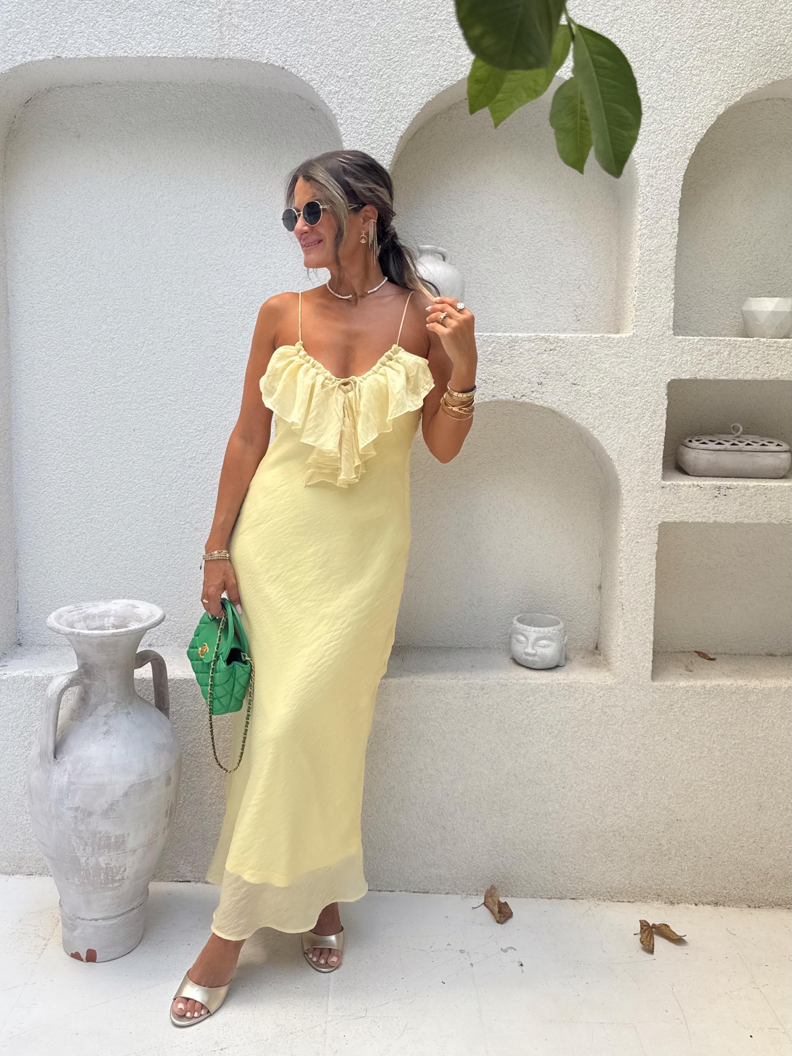 Nişantaşı Butik YAKA DETAY ASTARLI SARI ELBİSE