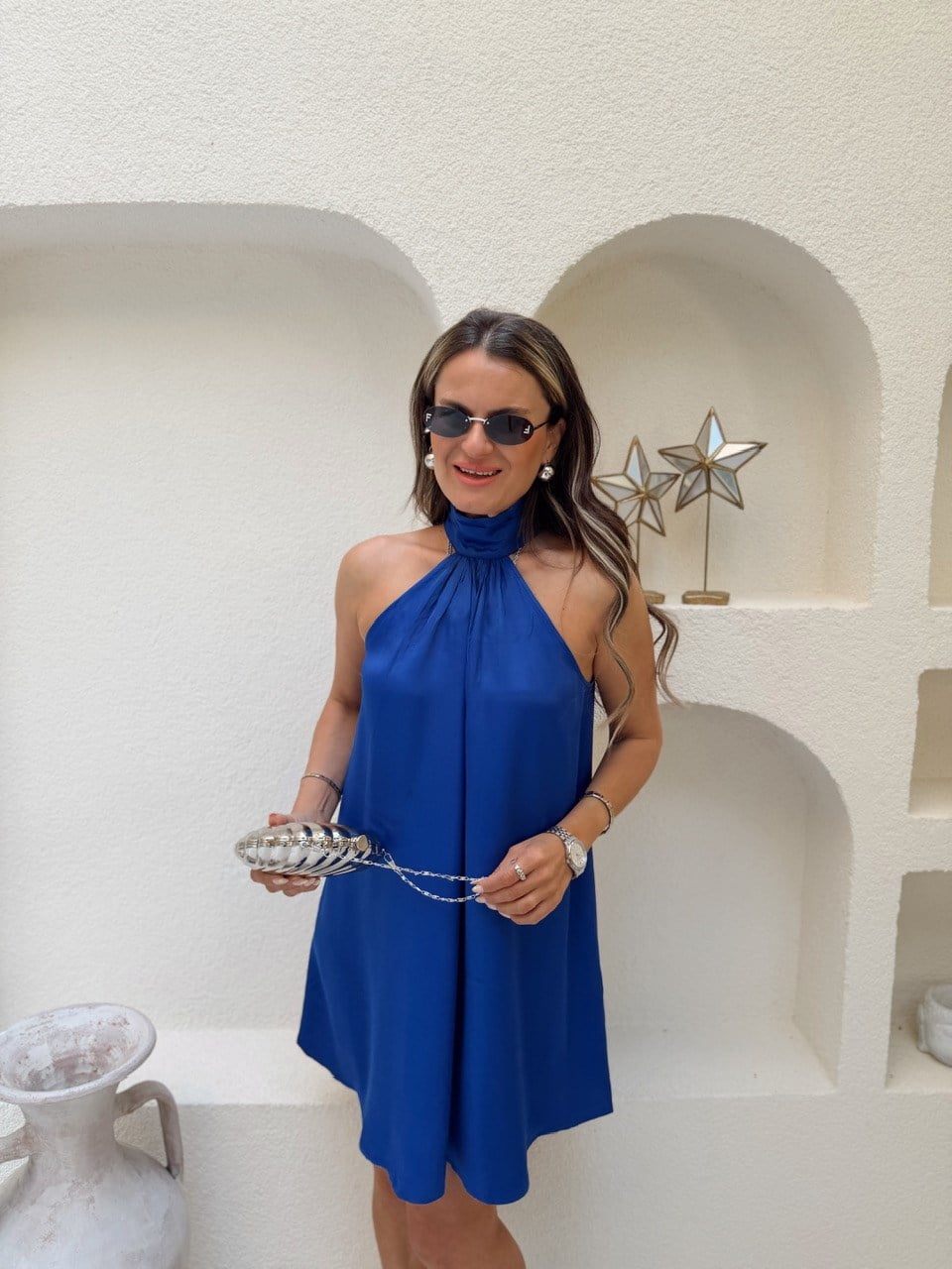 Nişantaşı Butik YAKA DETAY HALTER KOL MAVİ ELBİSE