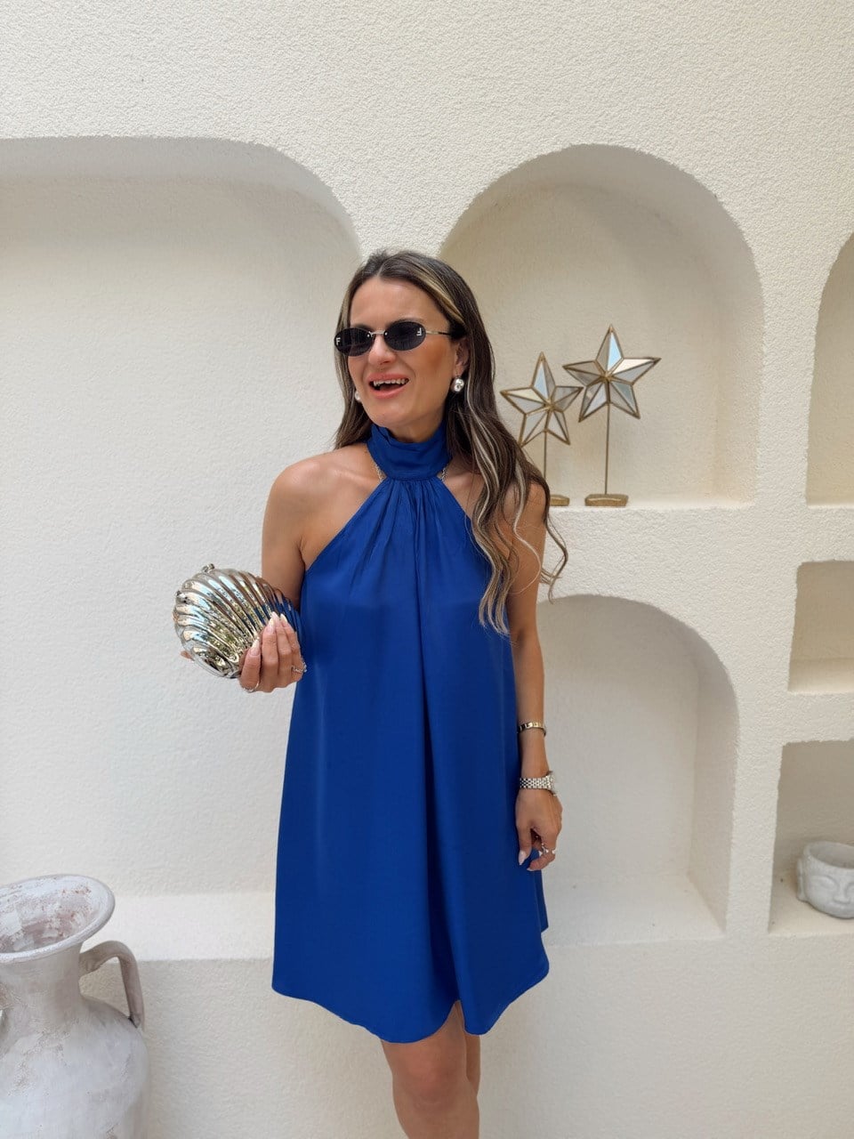 Nişantaşı Butik YAKA DETAY HALTER KOL MAVİ ELBİSE