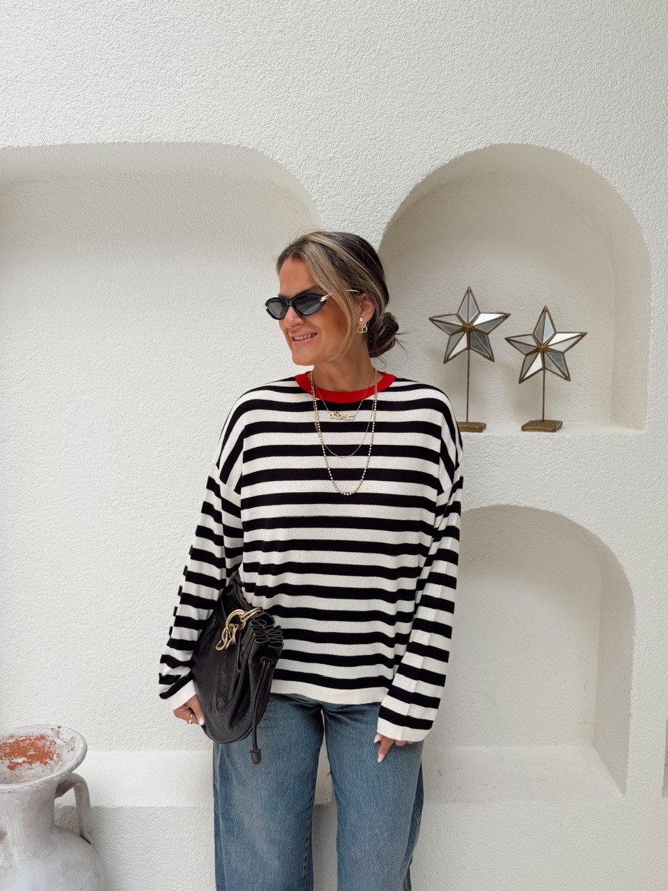Nişantaşı Butik YAKA KIRMIZI BİYELİ ÇİZGİLİ İPEK TRİKO