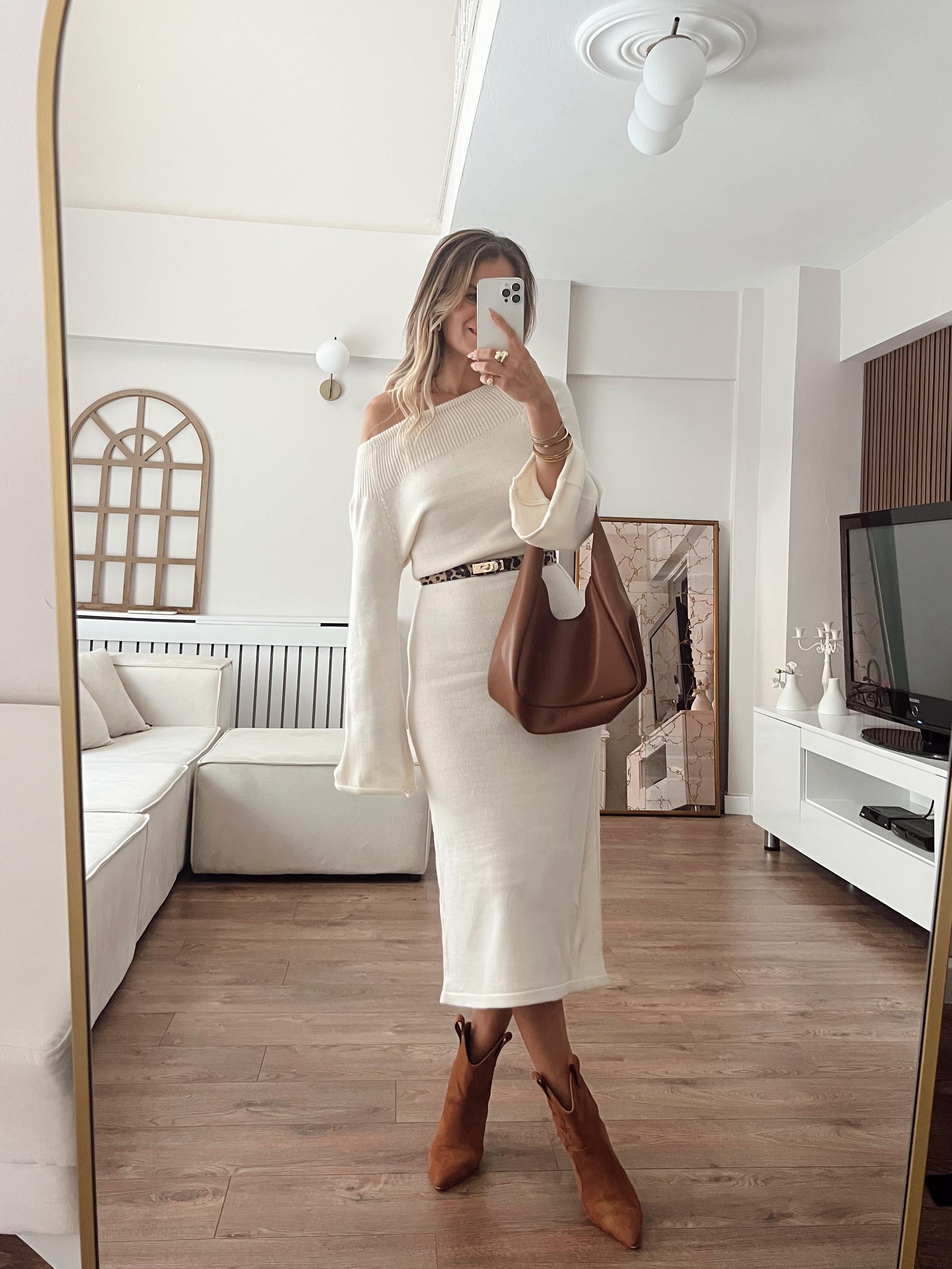 Nişantaşı Butik YAKA KOL DETAY EKRU TRİKO ELBİSE