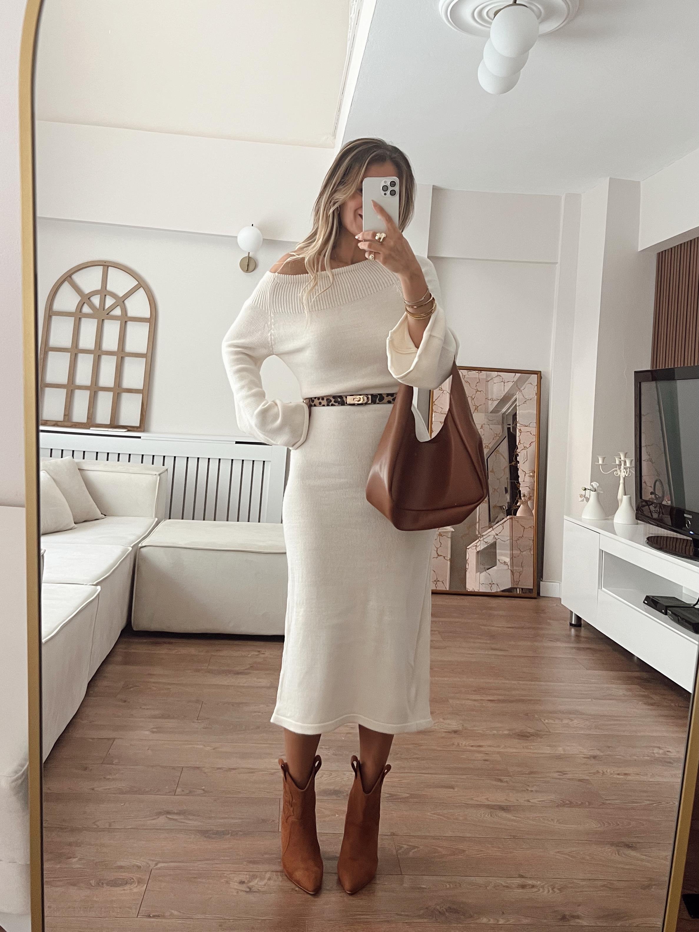 Nişantaşı Butik YAKA KOL DETAY EKRU TRİKO ELBİSE