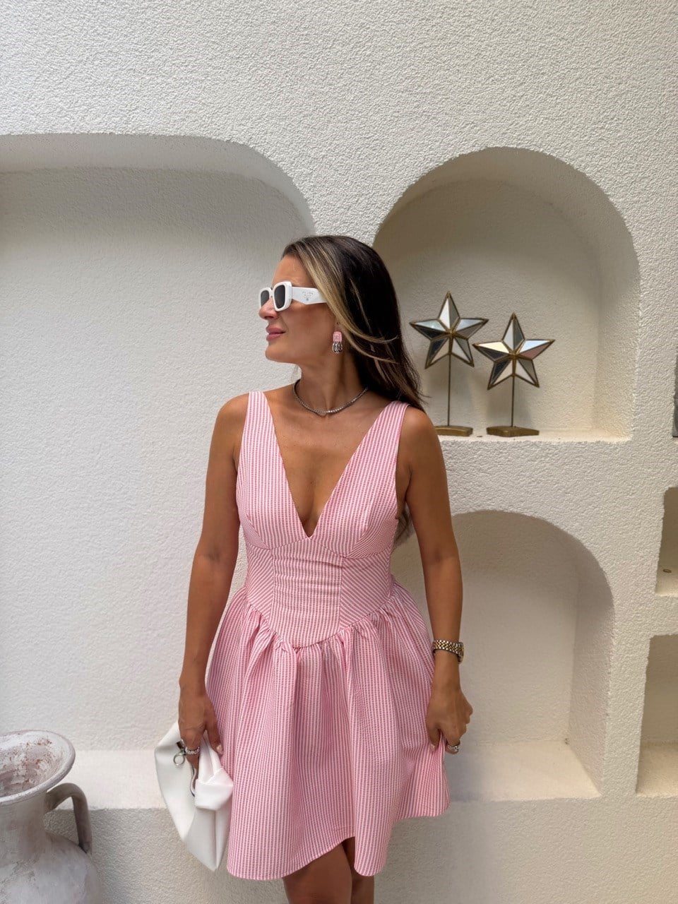 Nişantaşı Butik YAKA VE BEL DETAY PEMBE ÇİZGİLİ ELBİSE