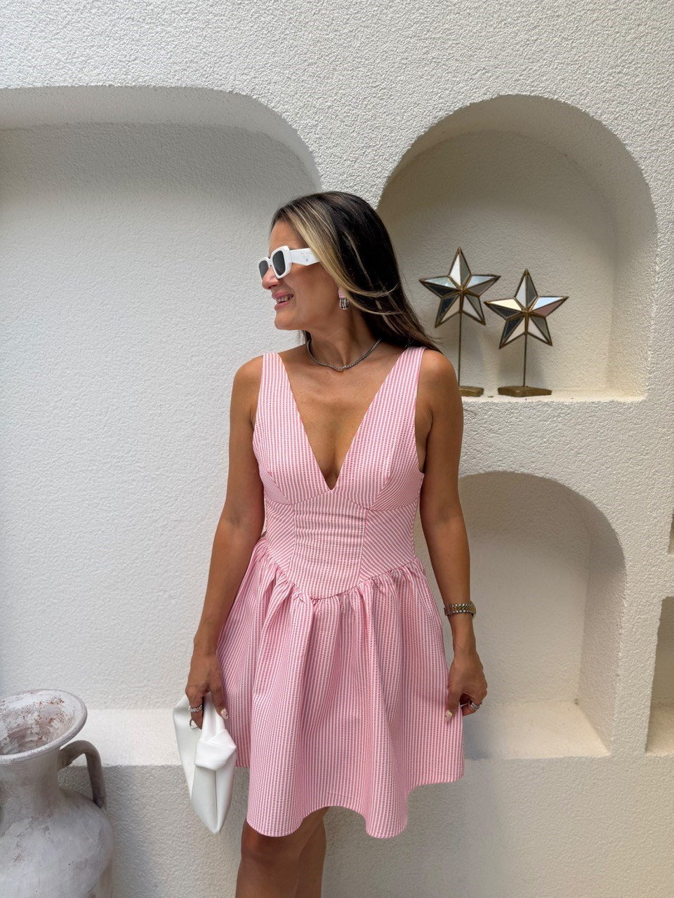 Nişantaşı Butik YAKA VE BEL DETAY PEMBE ÇİZGİLİ ELBİSE