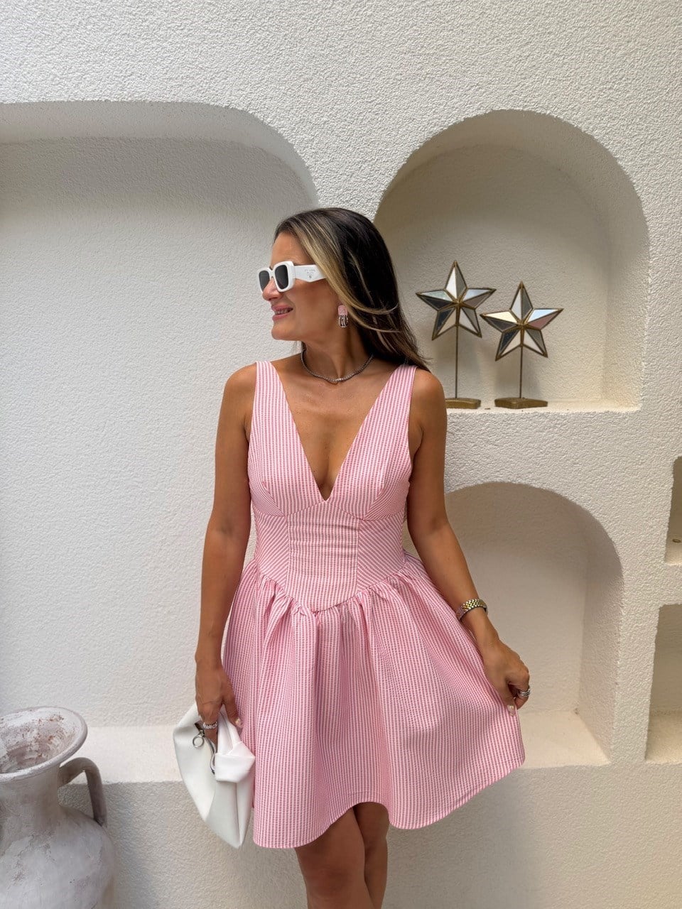 Nişantaşı Butik YAKA VE BEL DETAY PEMBE ÇİZGİLİ ELBİSE