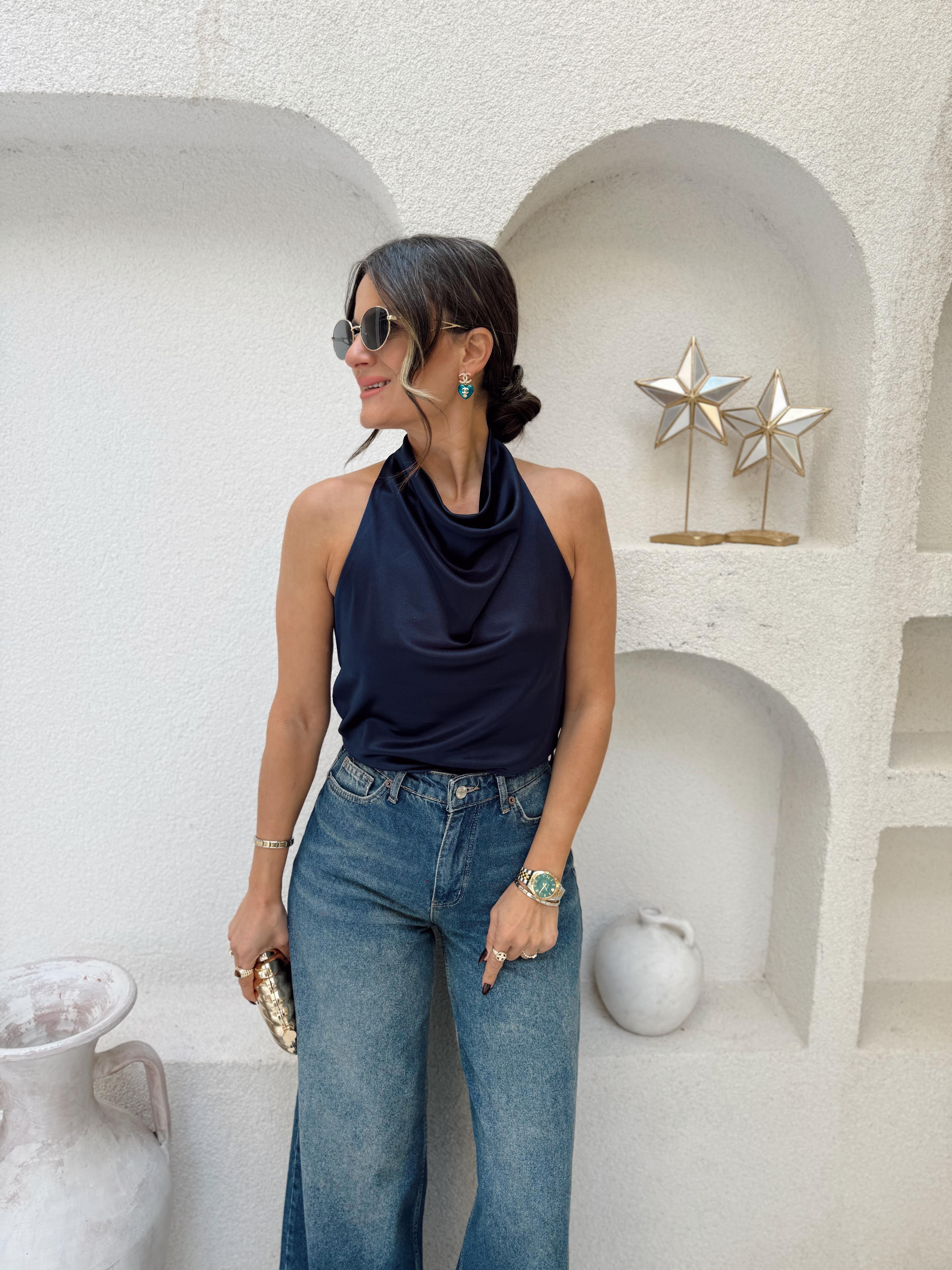 Nişantaşı Butik YAKA VE SIRT DETAY ÖRME SATEN GECE MAVİSİ BLUZ