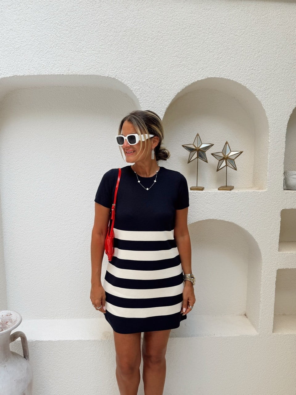 Nişantaşı Butik YARIM KOL MARİN ÇİZGİLİ TRİKO ELBİSE 