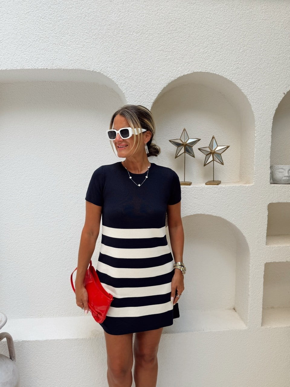Nişantaşı Butik YARIM KOL MARİN ÇİZGİLİ TRİKO ELBİSE 