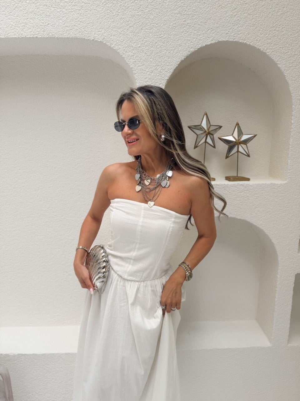 Nişantaşı Butik YAZ BEYAZI ASTARLI KETEN STRAPLEZ ELBİSE