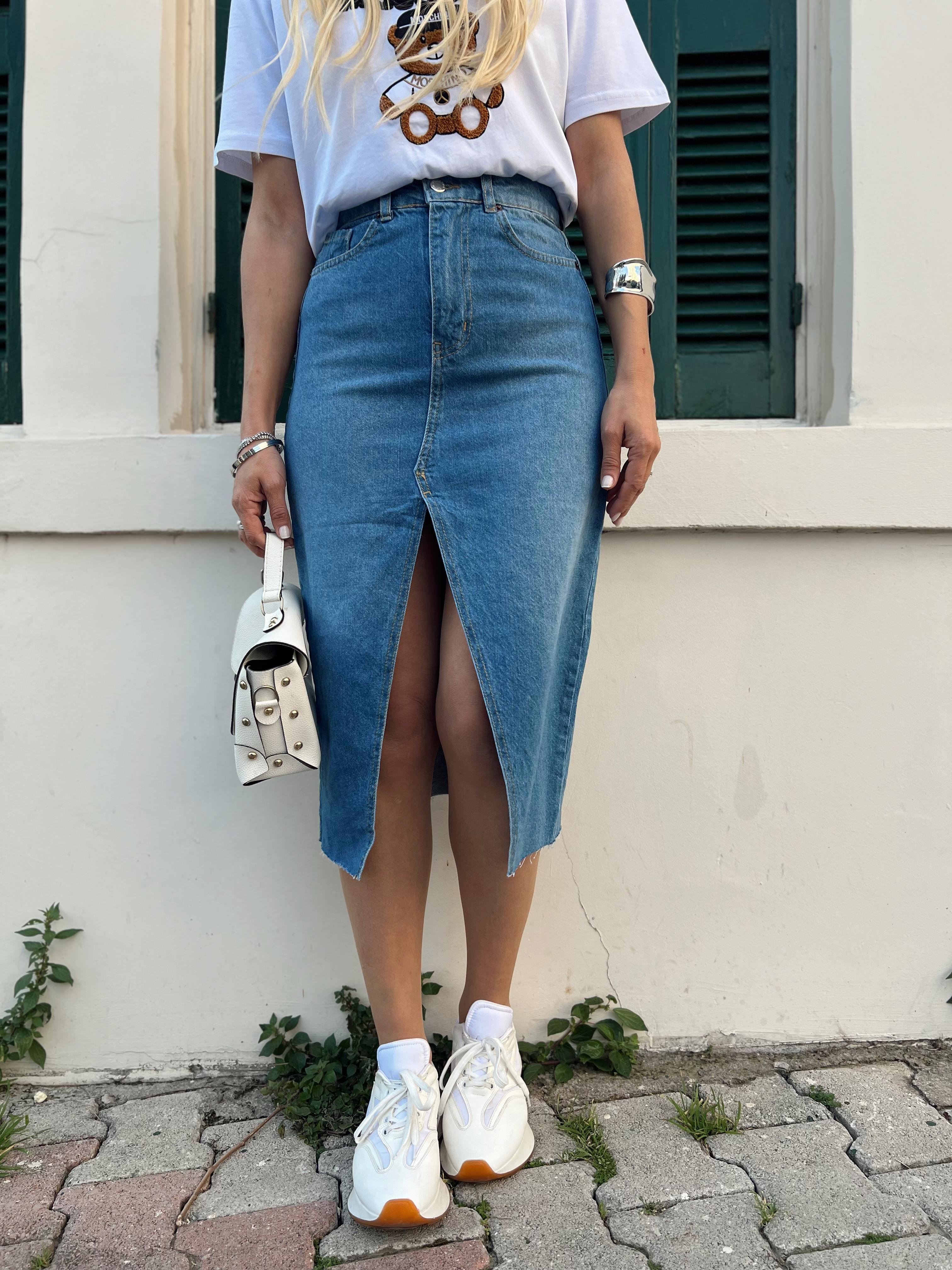 Nişantaşı Butik YIRTMAC DETAY KOT ETEK MAVİ