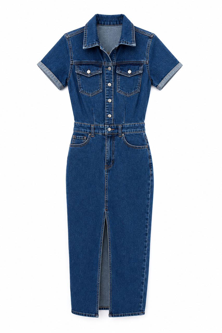 Nişantaşı Butik YIRTMAC DETAY LİKRALI MAVİ JEAN ELBİSE