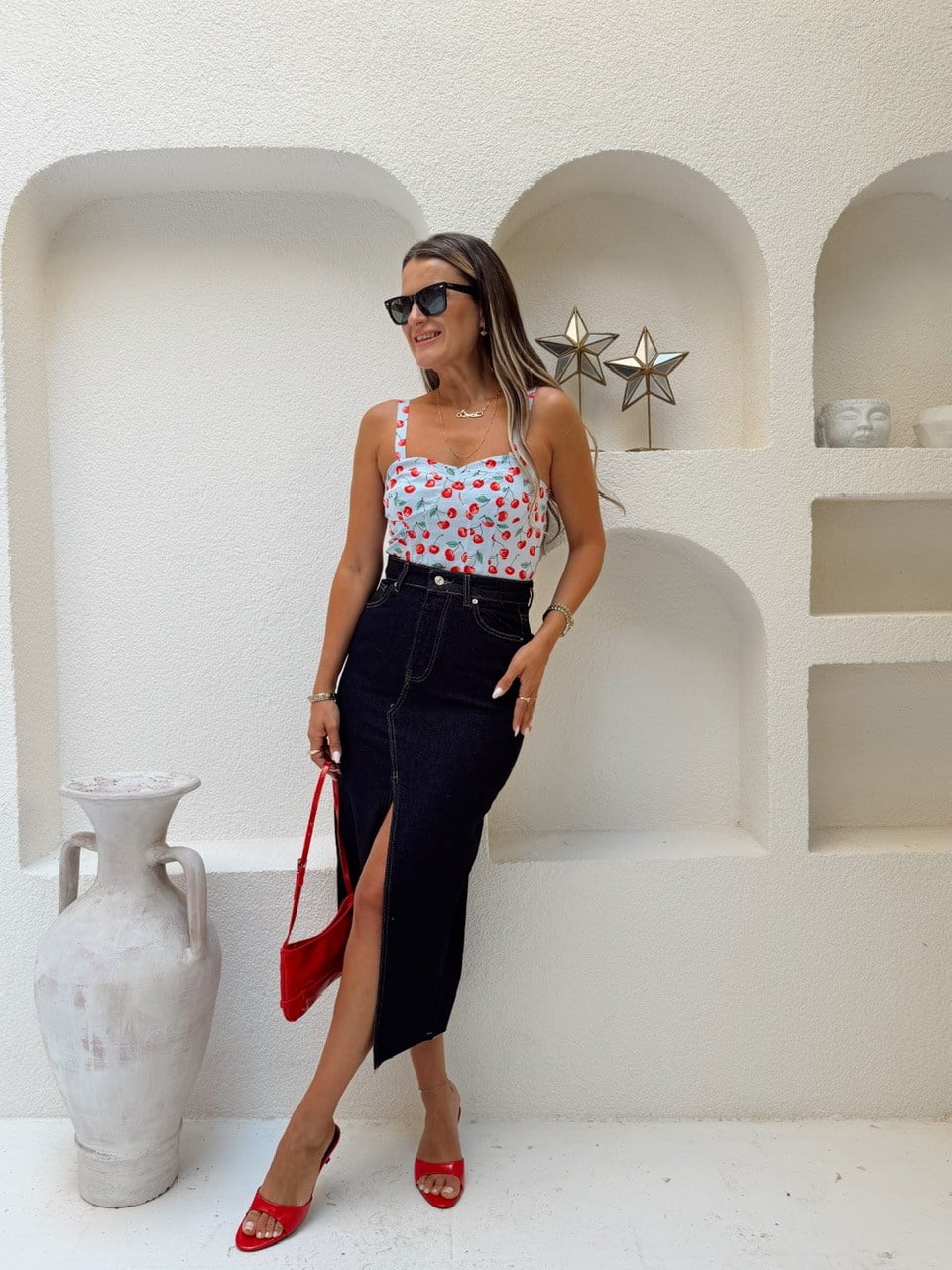 Nişantaşı Butik YIRTMAC DETAY YÜKSEK BEL JEAN ETEK KONTRAST 