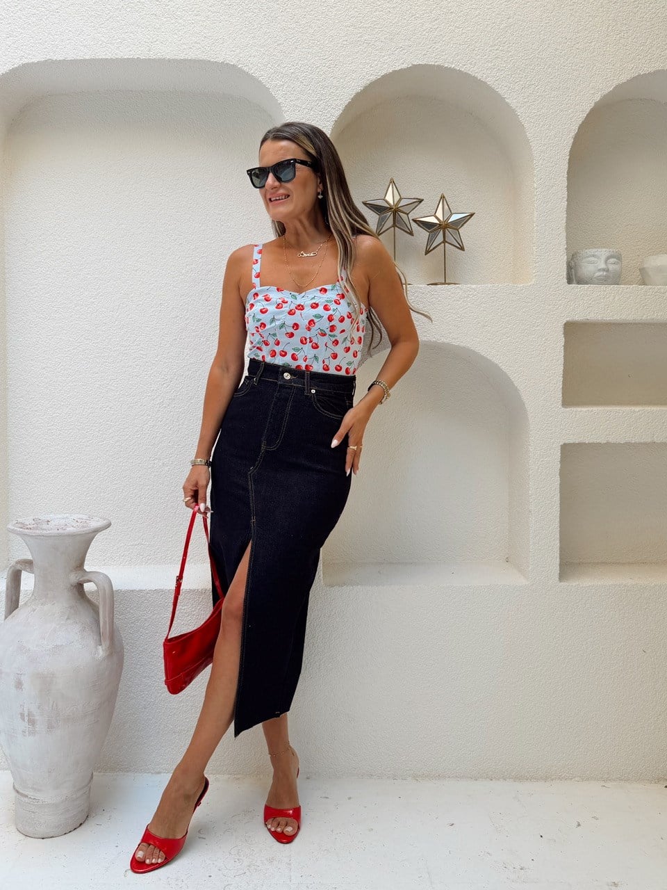 Nişantaşı Butik YIRTMAC DETAY YÜKSEK BEL JEAN ETEK KONTRAST 