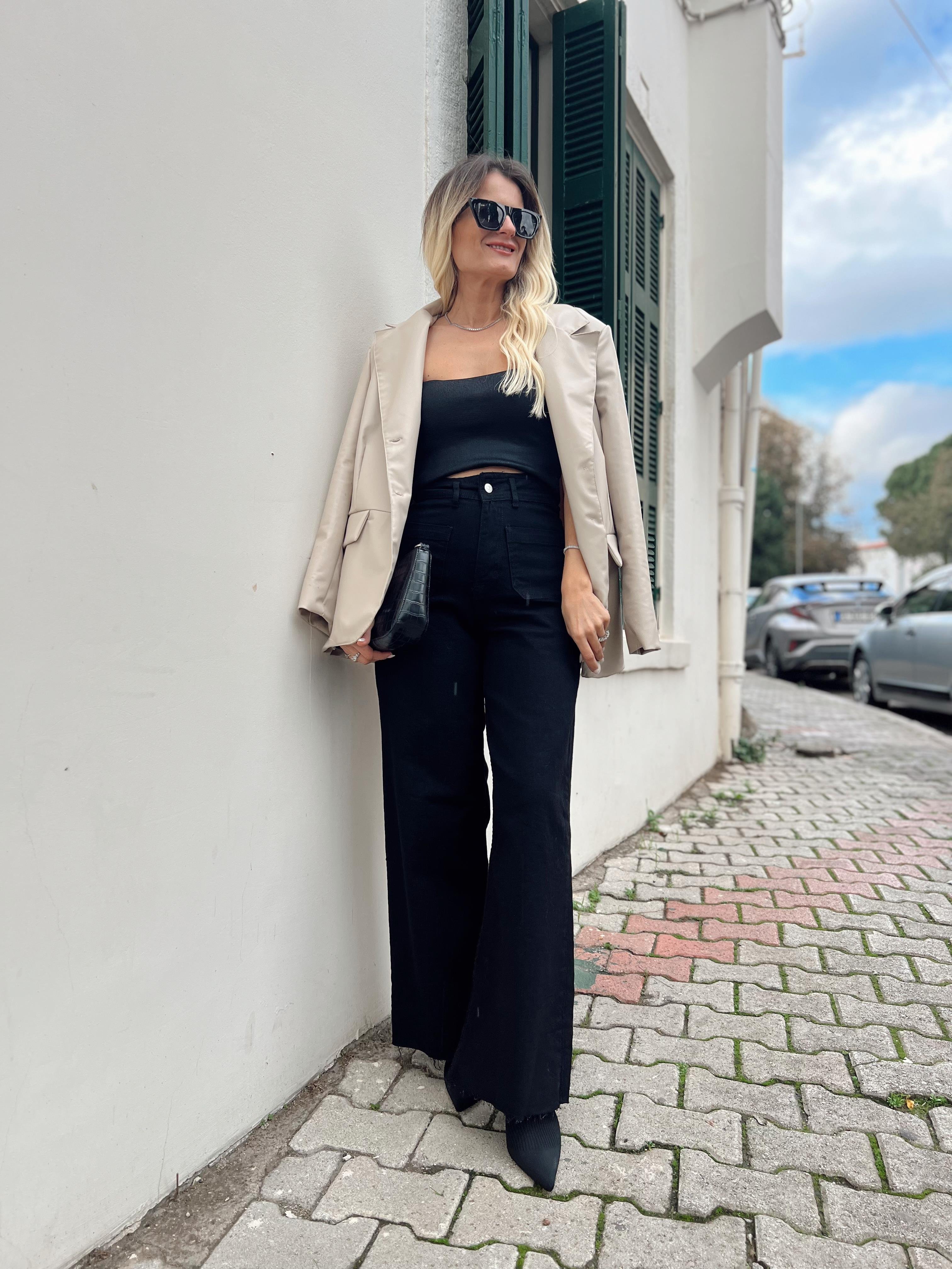 Nişantaşı Butik YÜKSEK BEL CEP DETAY SİYAH KOT PANTOLON 