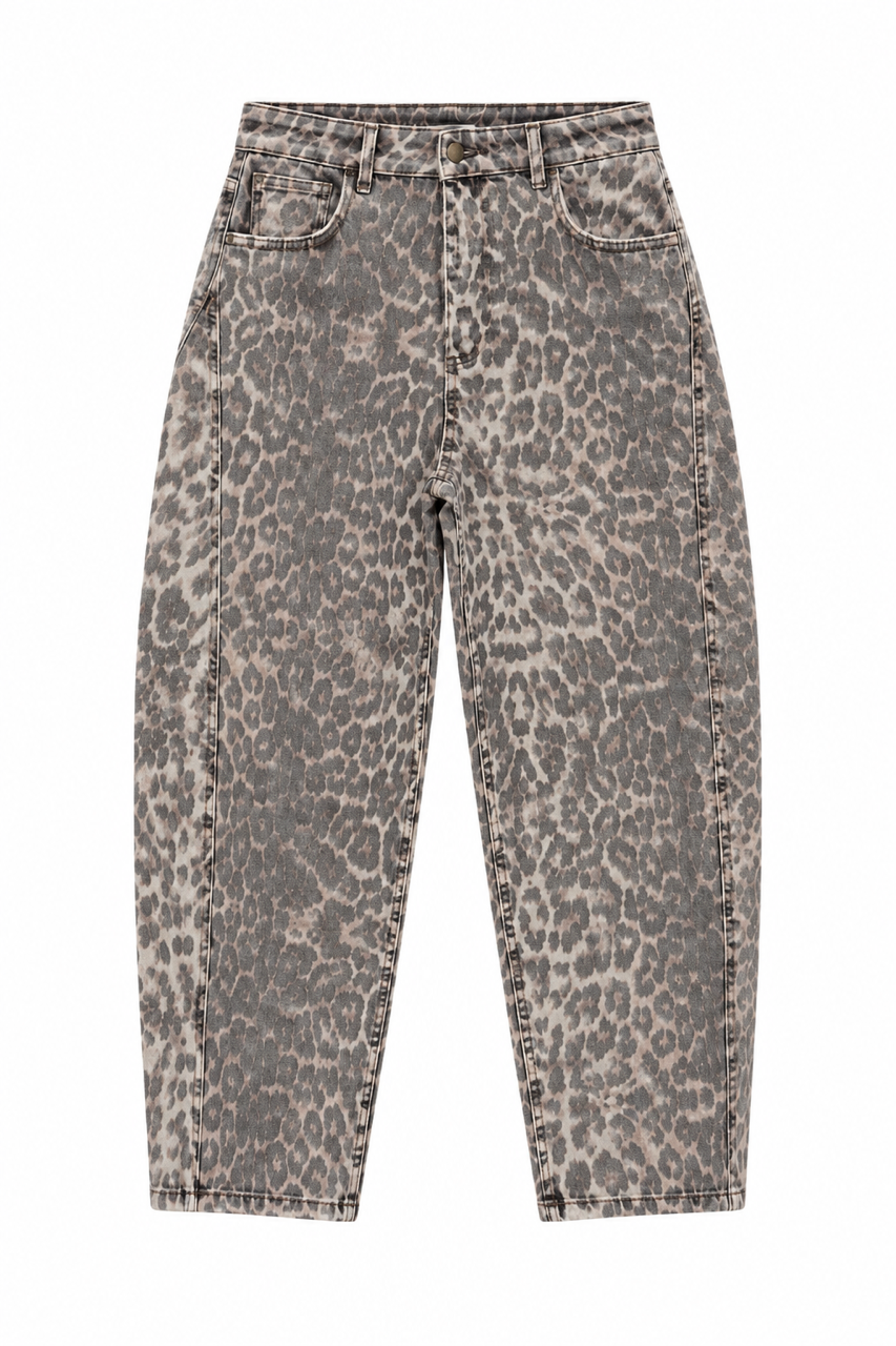 Nişantaşı Butik YÜKSEK BEL DİKİŞ DETAY BARREL LİKRALI JEAN SOFT LEOPAR