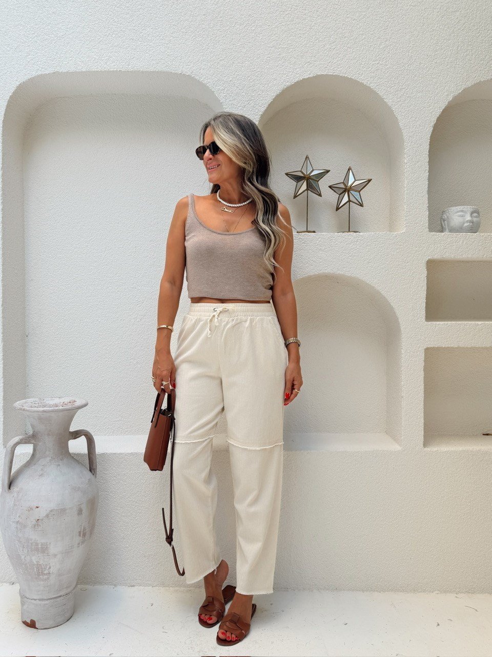 Nişantaşı Butik YÜKSEK BEL DİKİŞ DETAY NATURAL KETEN PANTOLON
