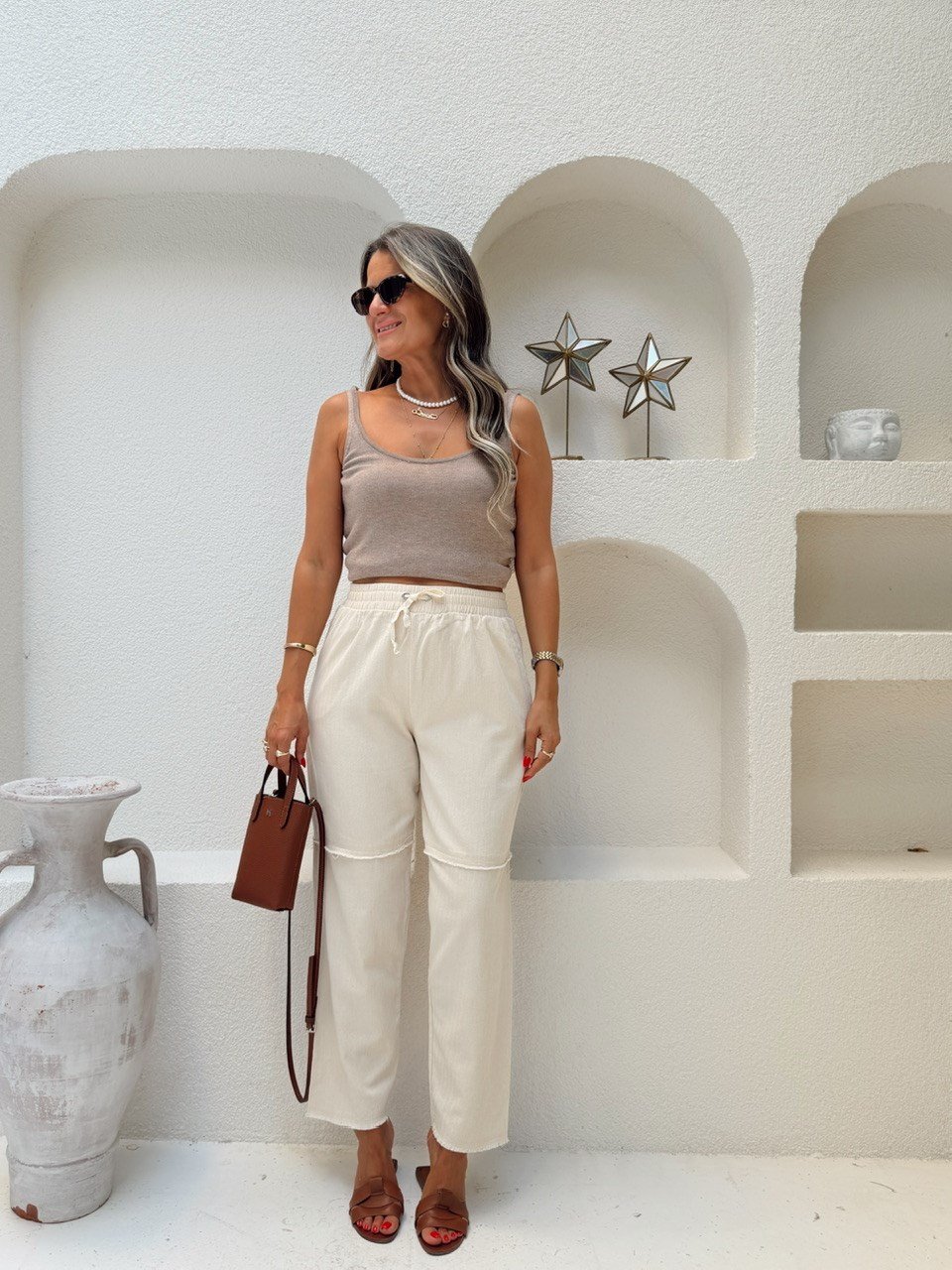 Nişantaşı Butik YÜKSEK BEL DİKİŞ DETAY NATURAL KETEN PANTOLON