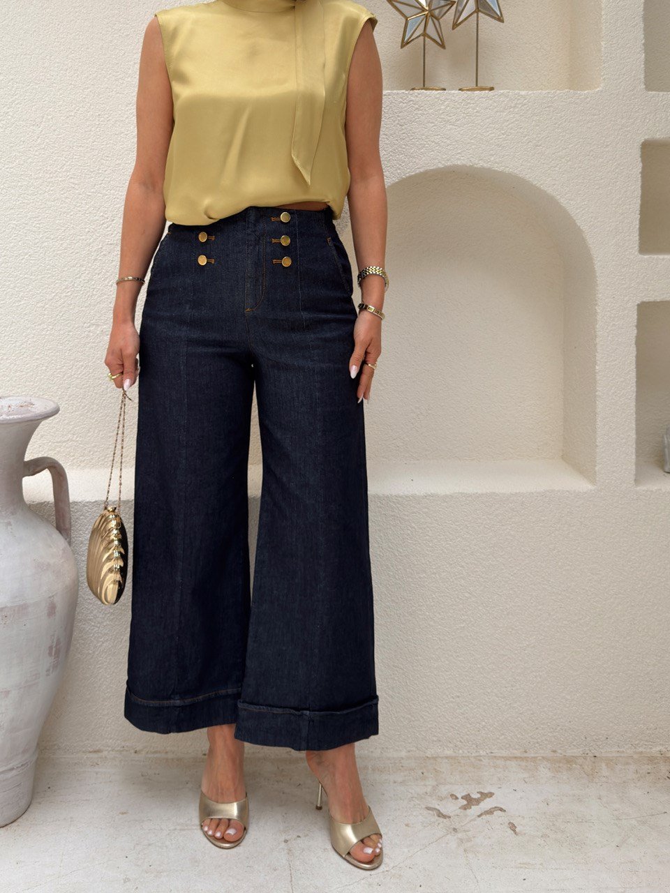 Nişantaşı Butik YÜKSEK BEL DÜĞME DETAY CROPPED KONTRAST  JEAN