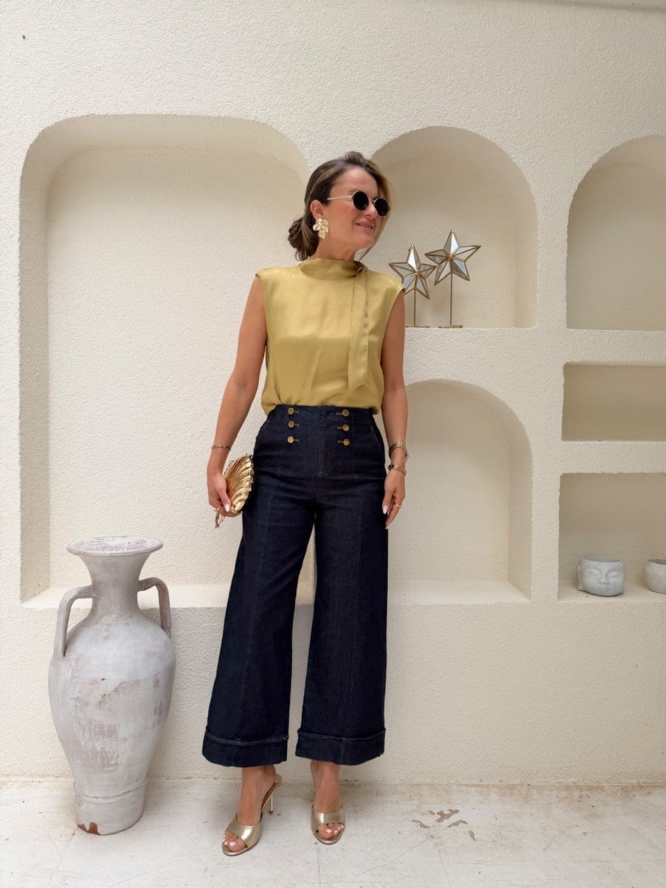 Nişantaşı Butik YÜKSEK BEL DÜĞME DETAY CROPPED KONTRAST  JEAN