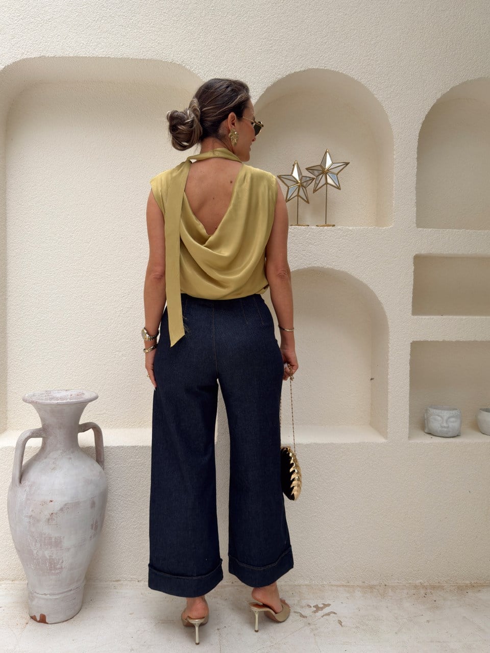 Nişantaşı Butik YÜKSEK BEL DÜĞME DETAY CROPPED KONTRAST  JEAN