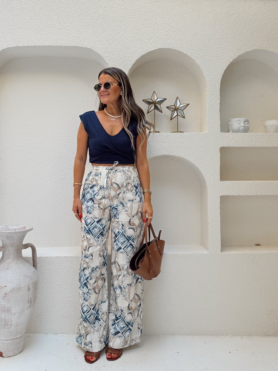 Nişantaşı Butik YÜKSEK BEL İNDİGO DESEN TİRİL VİSKON PANTOLON