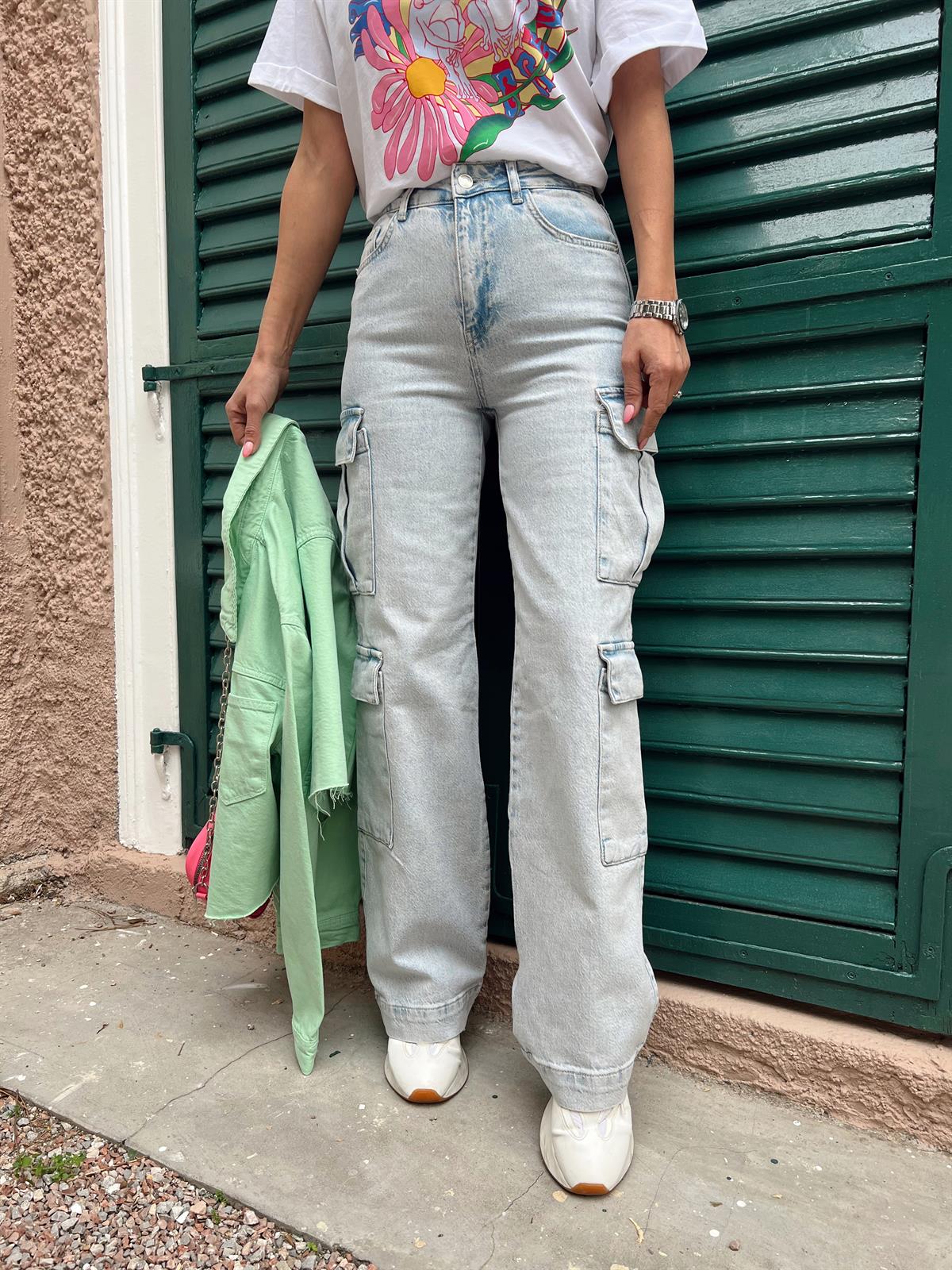 Nişantaşı Butik YÜKSEK BEL KARGO DENİM YIKAMALI BUZ MAVİ
