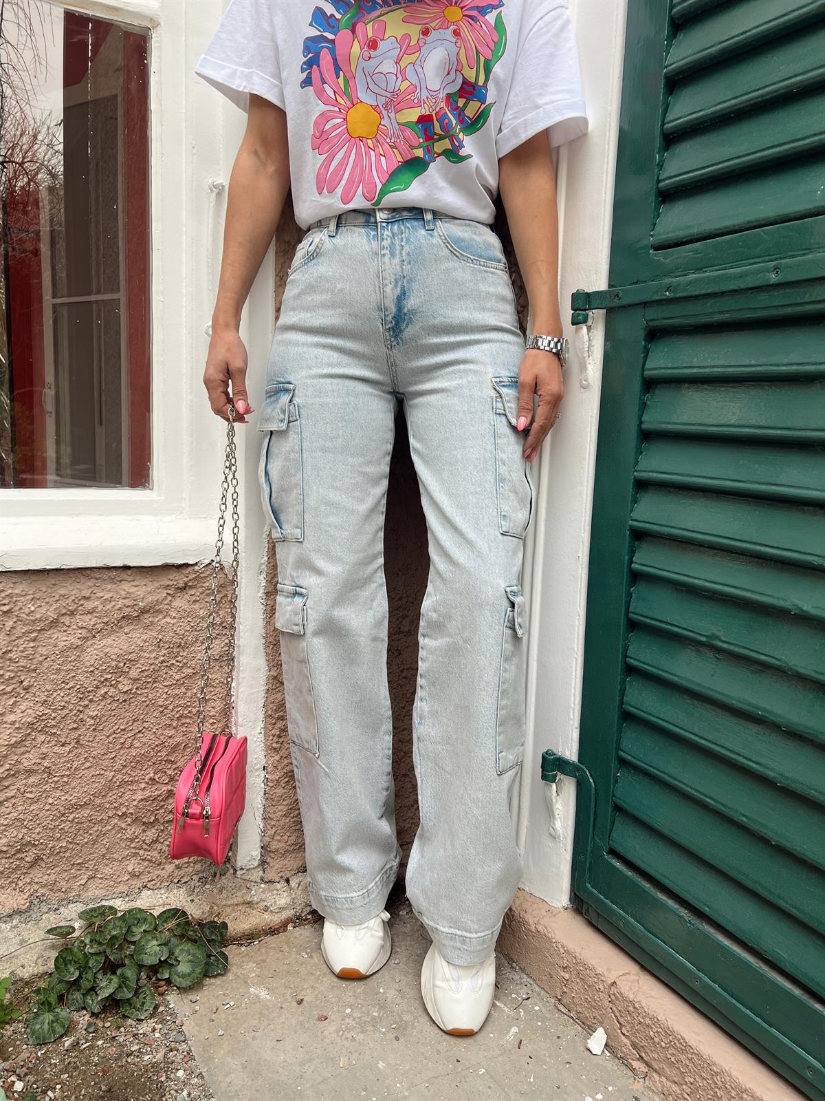 Nişantaşı Butik YÜKSEK BEL KARGO DENİM YIKAMALI BUZ MAVİ